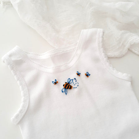 Newborn Cotton Baby Singlet, Hand Embroidered Bees, Baby Boy Gift