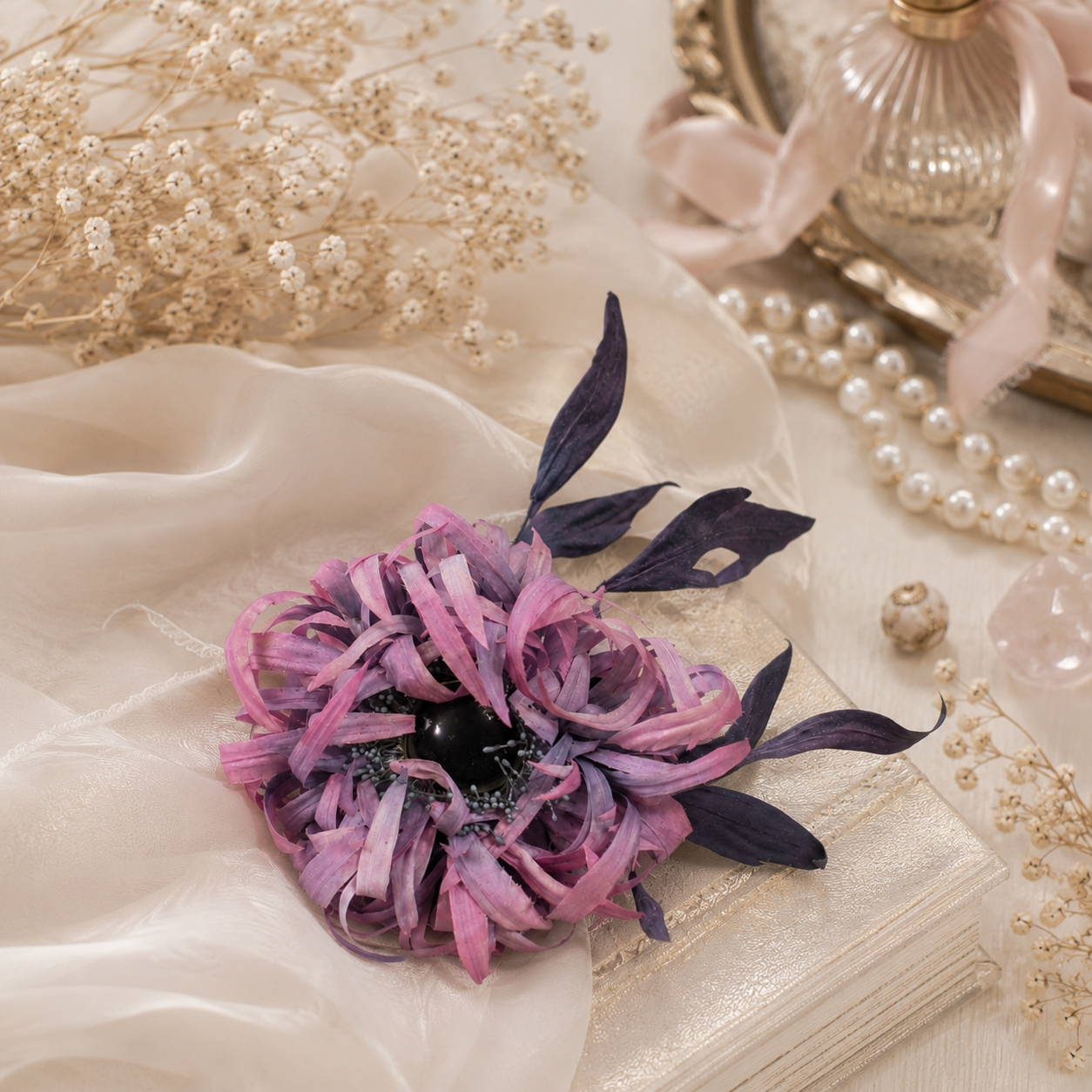 Handcrafted Silk  Chrysanthemum "Moonlight". Flower Brooch / Hair Clip / Headpiece