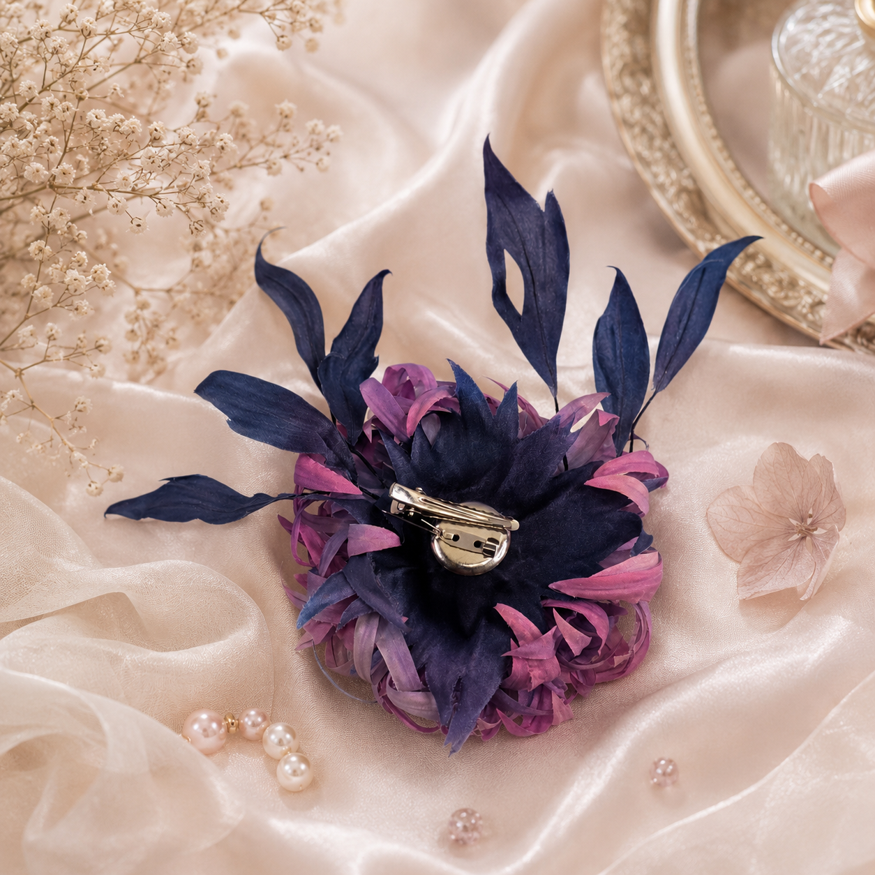 Handcrafted Silk  Chrysanthemum "Moonlight". Flower Brooch / Hair Clip / Headpiece