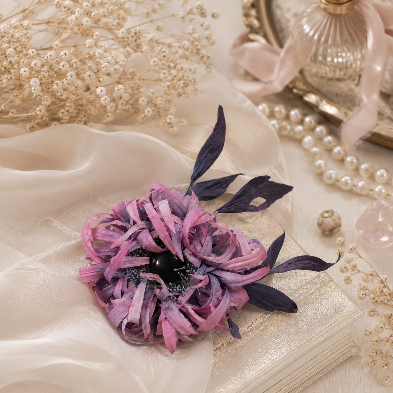 Handcrafted Silk  Chrysanthemum "Moonlight". Flower Brooch / Hair Clip / Headpiece