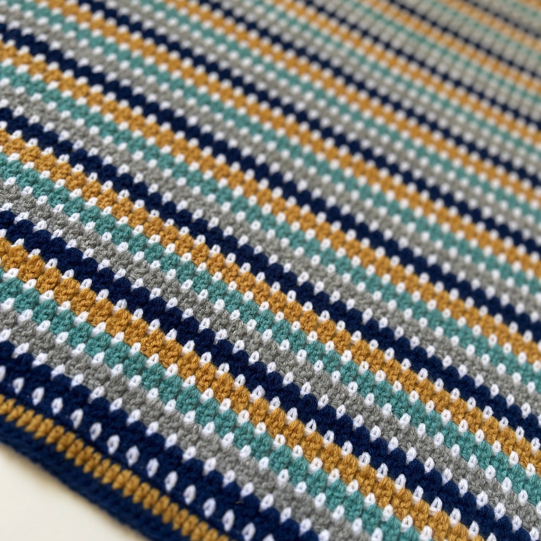 Little Adventurer – Handmade Crochet Baby Blanket | Navy, Sage, Grey & Mustard, Gender Neutral Baby Gift