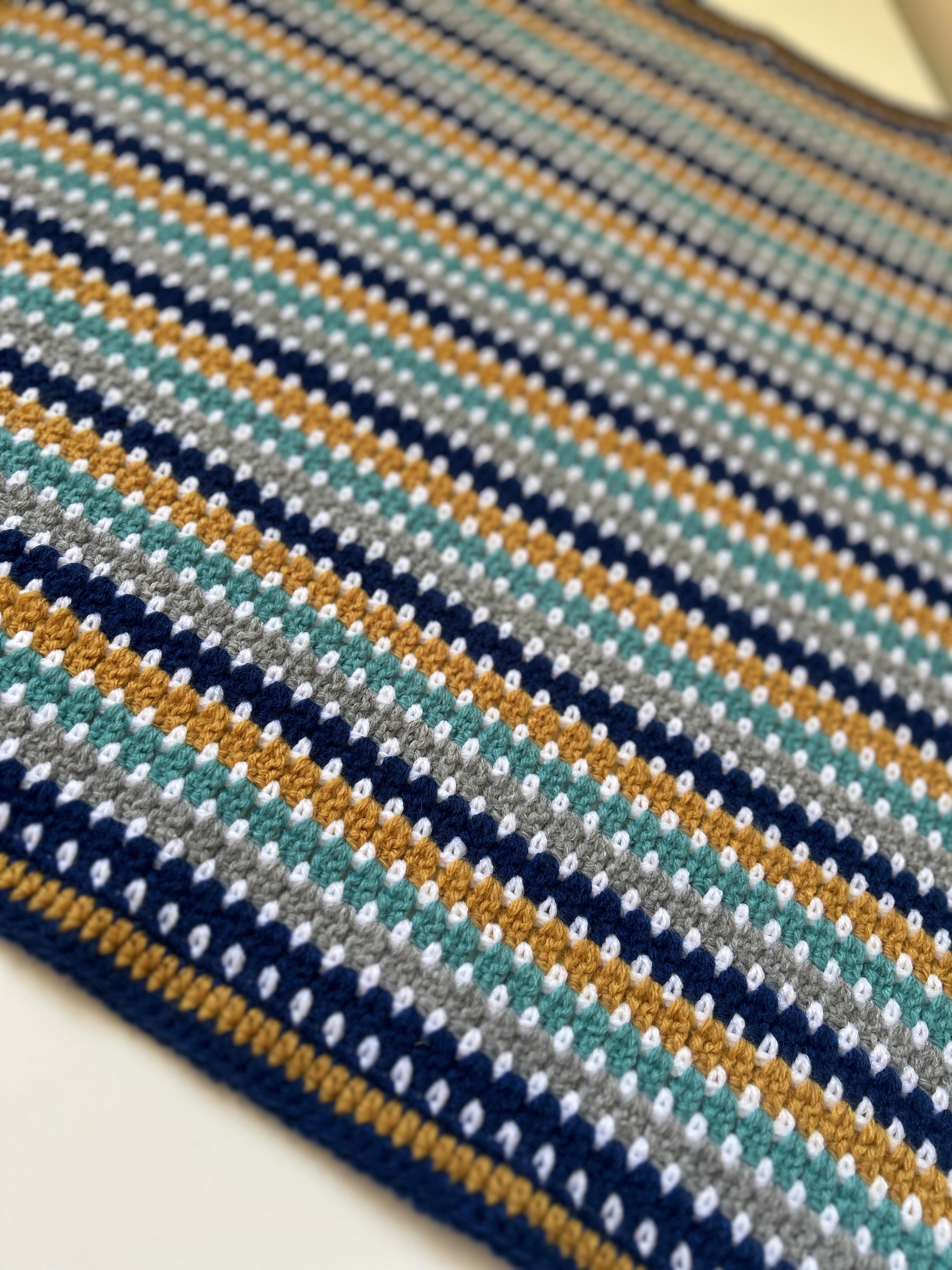 Little Adventurer – Handmade Crochet Baby Blanket | Navy, Sage, Grey & Mustard, Gender Neutral Baby Gift