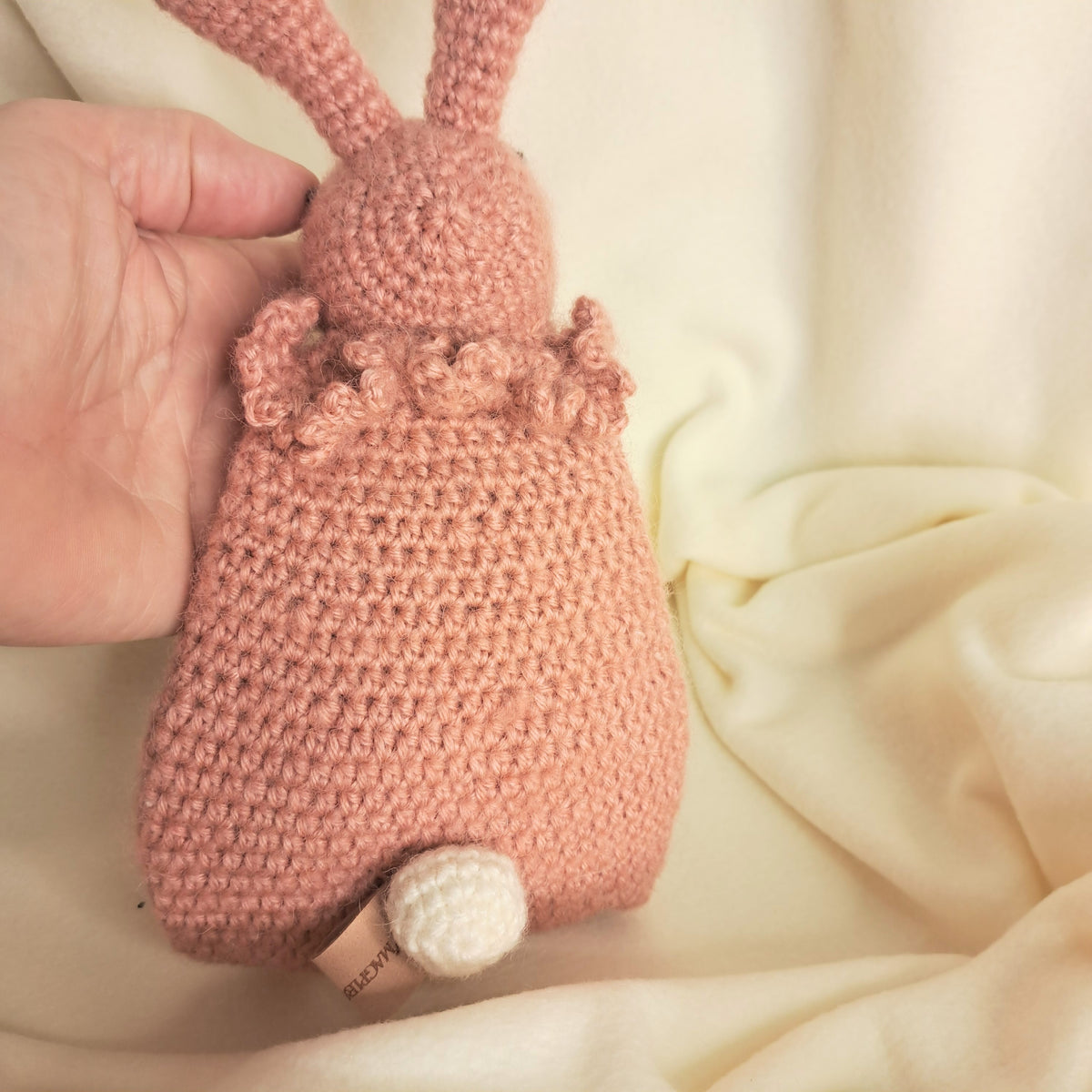 Handmade crochet rabbit snuggler, Australian wool, alpaca, silk