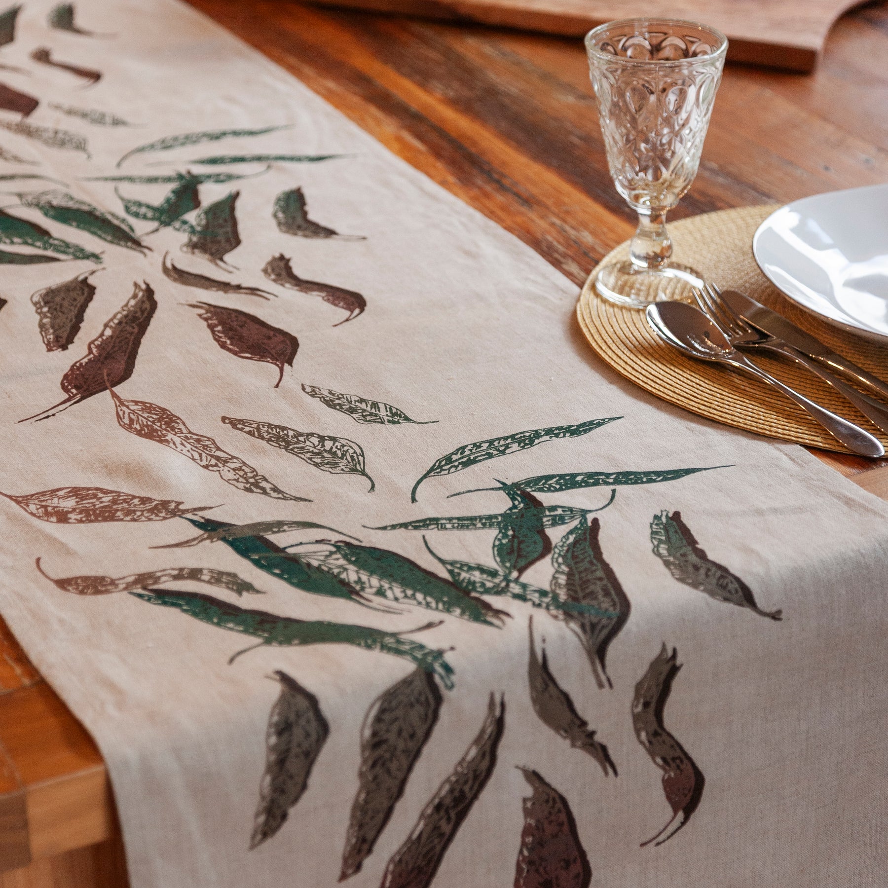 Hand Screen Printed Linen Table Runners-Eucalypt Fallen Leaves