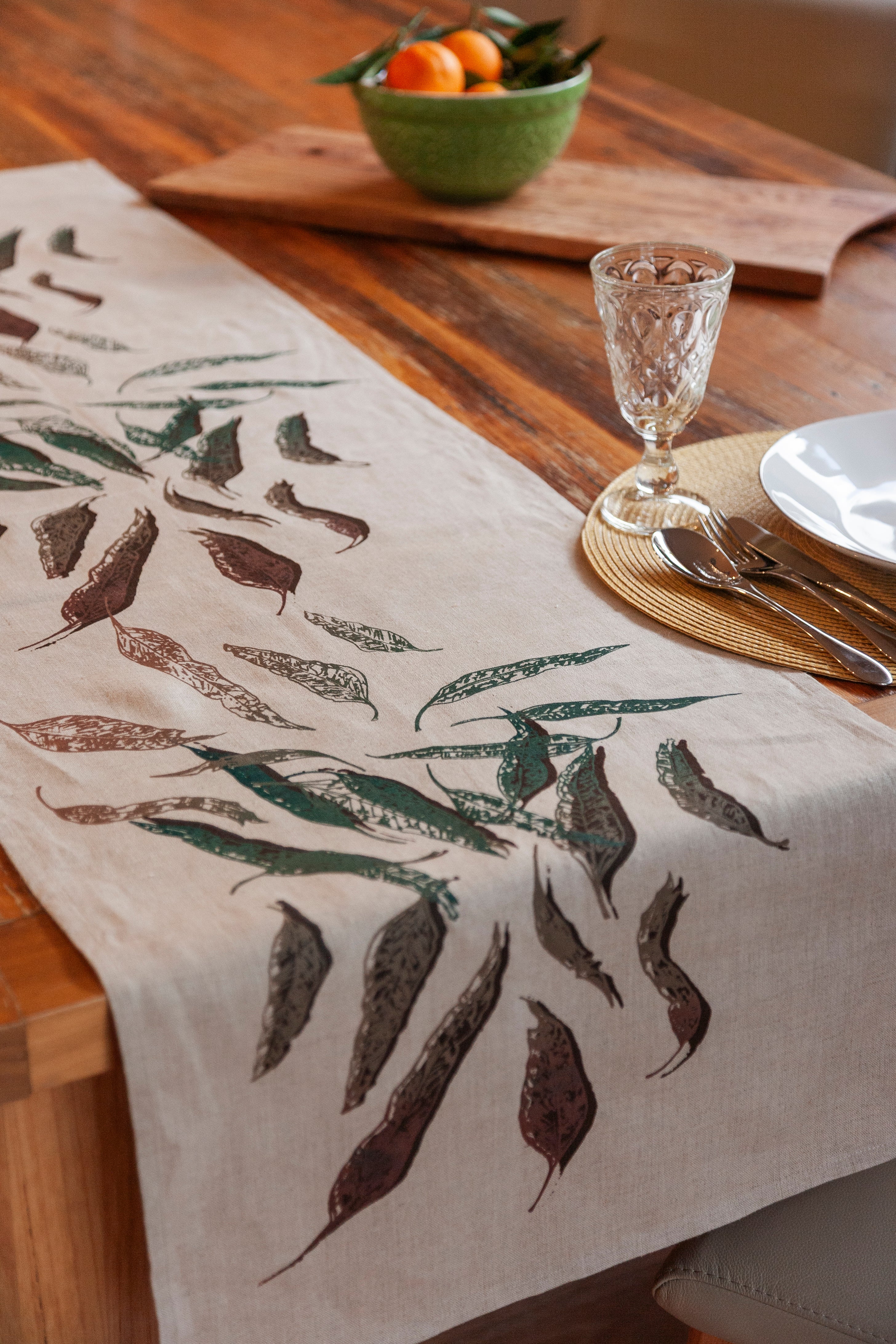 Hand Screen Printed Linen Table Runners-Eucalypt Fallen Leaves