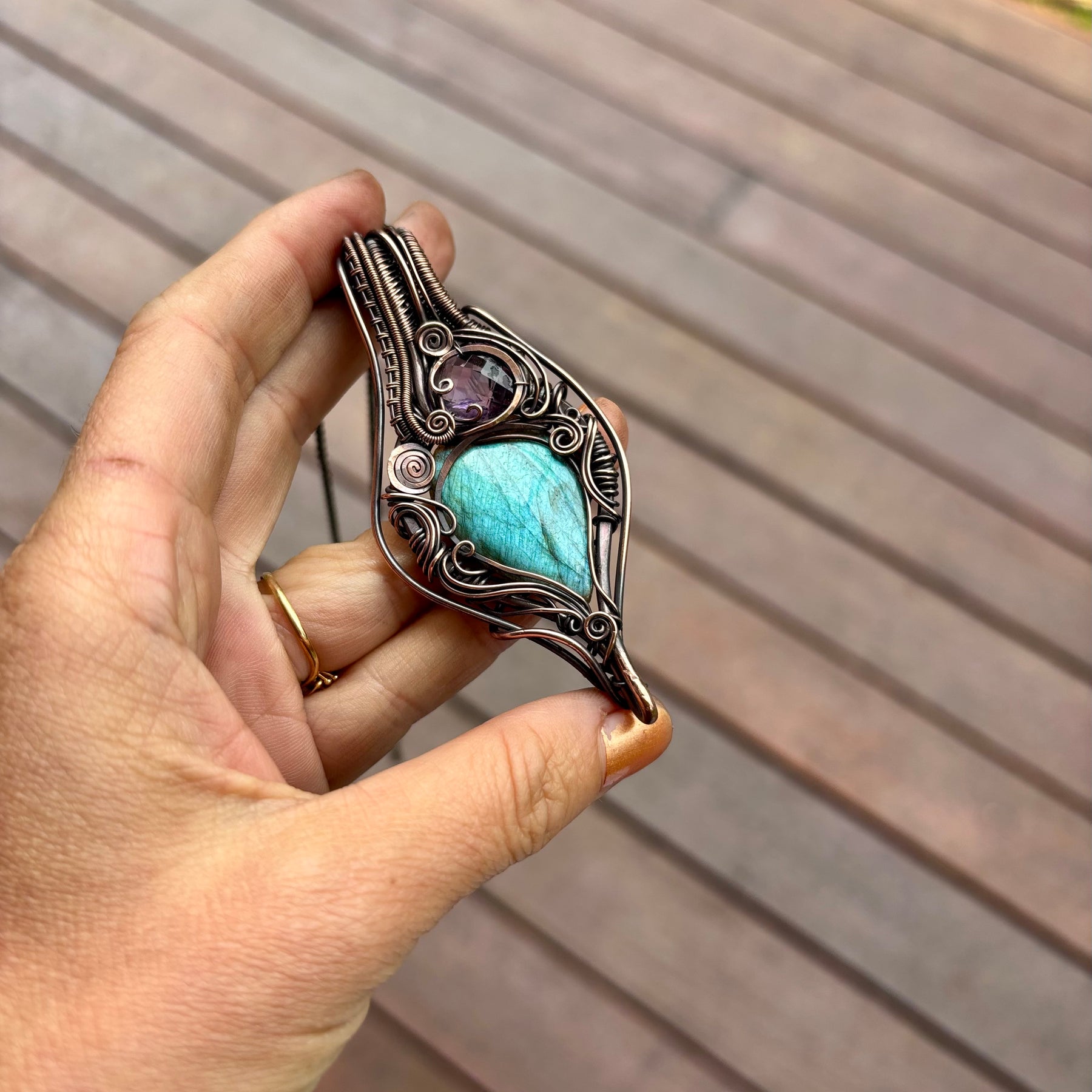 Labradorite, Amethyst copper wire wrap