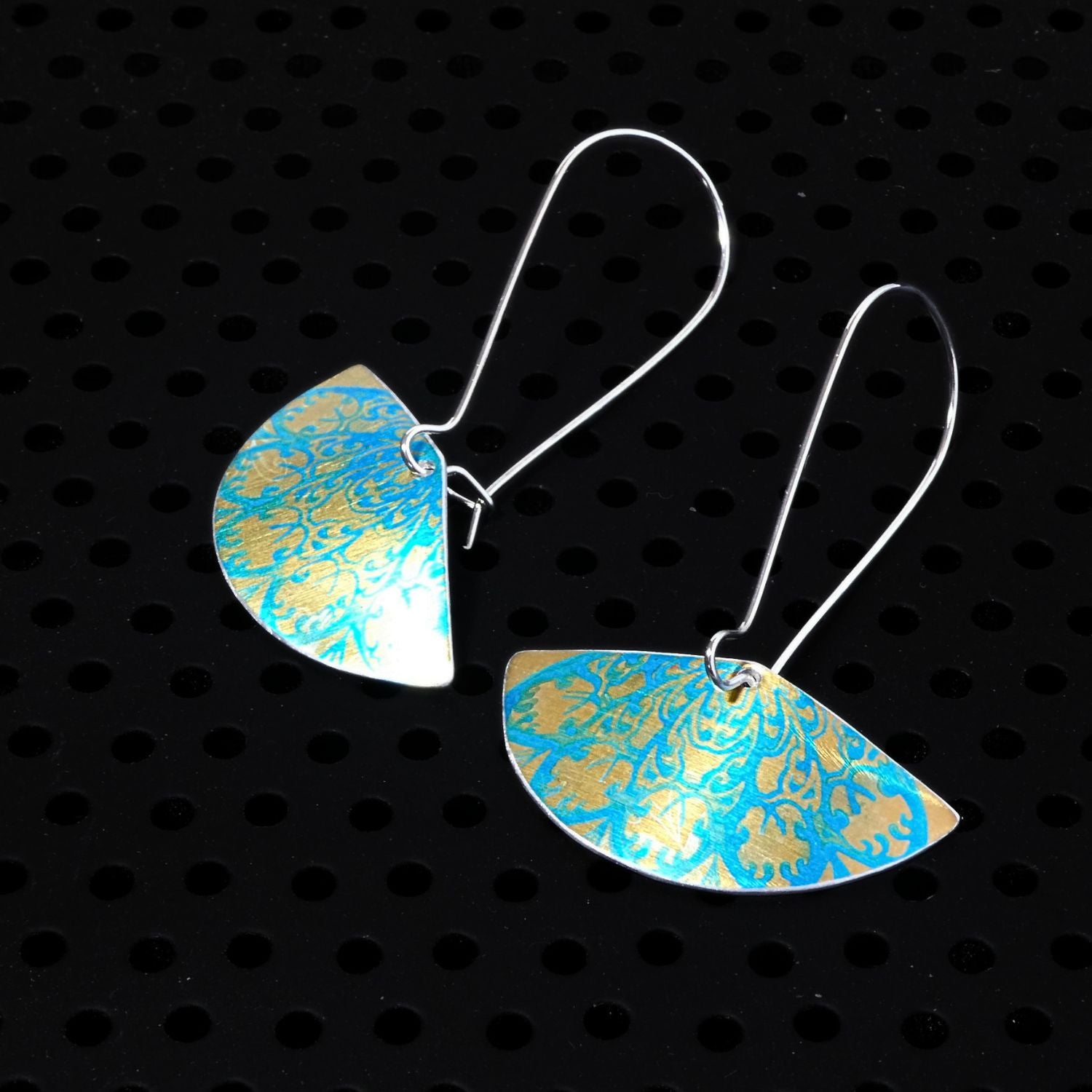 Hand printed anodised aluminium earrings - Persian Blue Collection