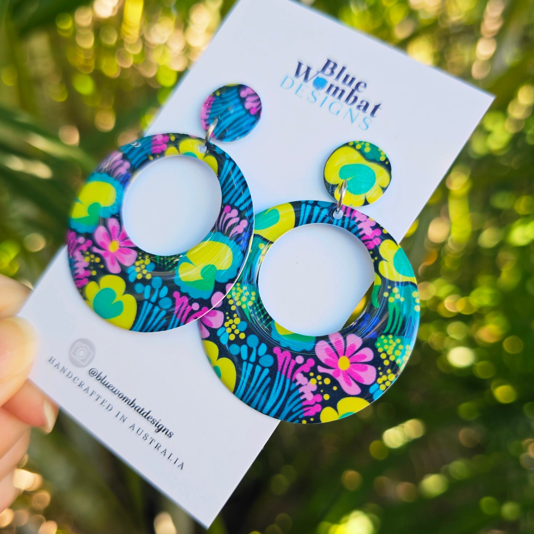 Round Floral Yupo Paper Resin Dangle Earrings
