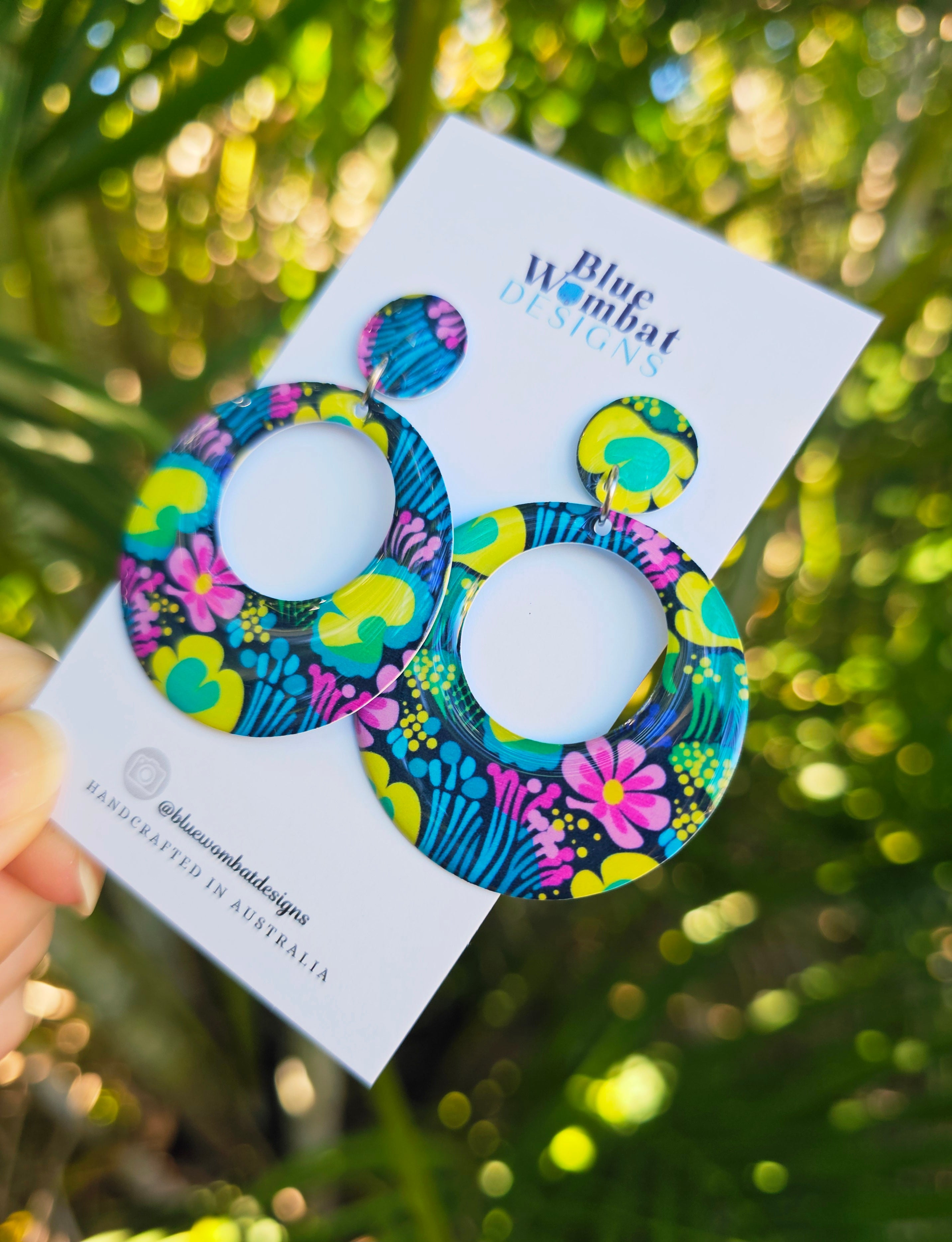 Round Floral Yupo Paper Resin Dangle Earrings