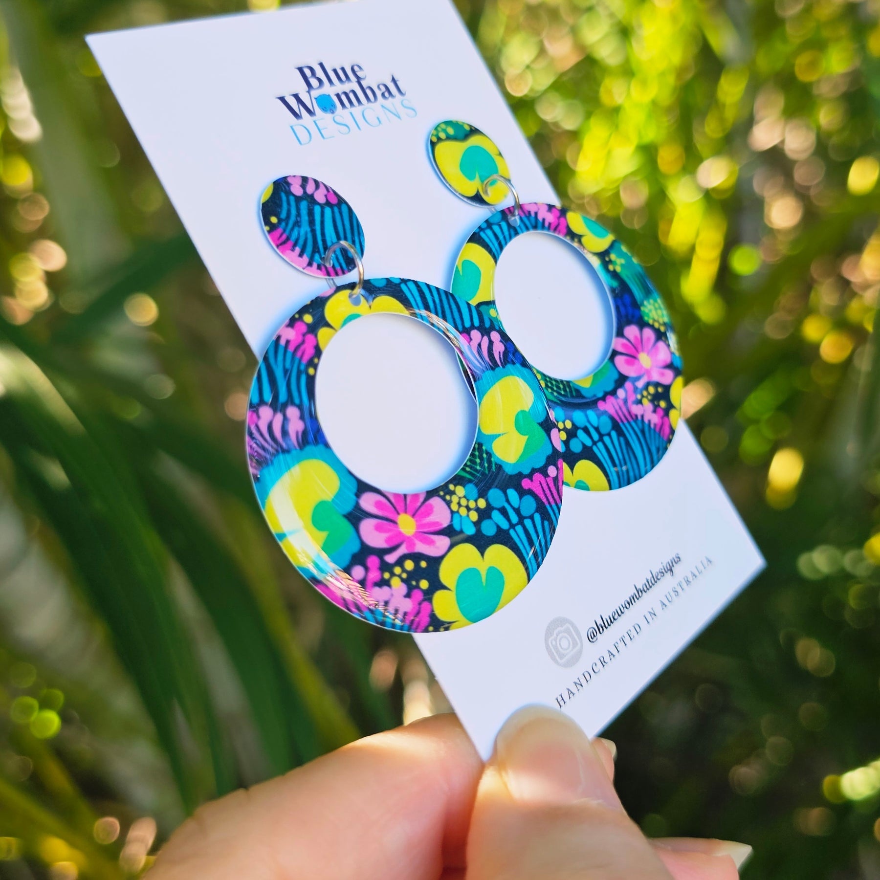 Round Floral Yupo Paper Resin Dangle Earrings