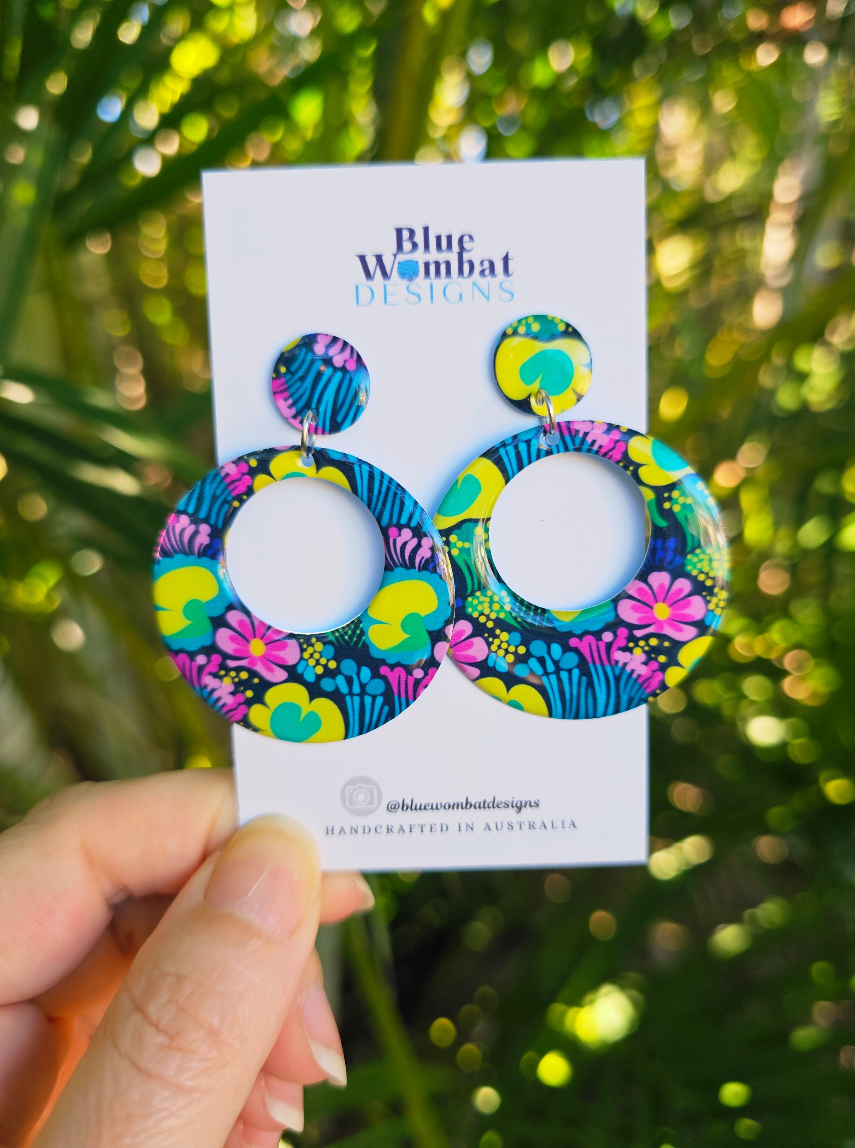 Round Floral Yupo Paper Resin Dangle Earrings