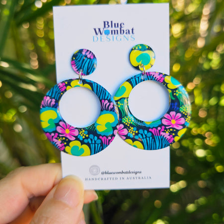 Round Floral Yupo Paper Resin Dangle Earrings