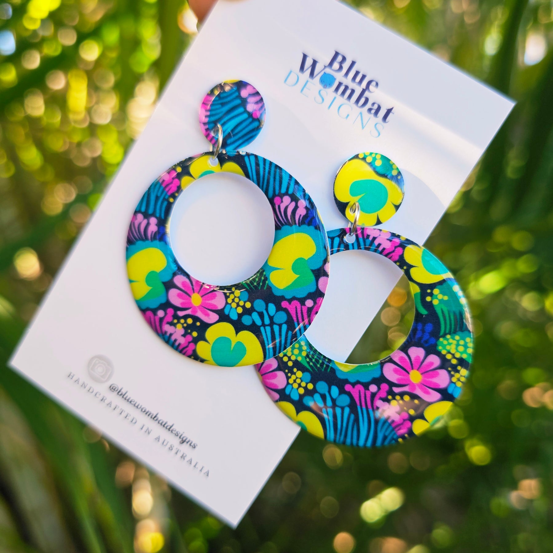 Round Floral Yupo Paper Resin Dangle Earrings
