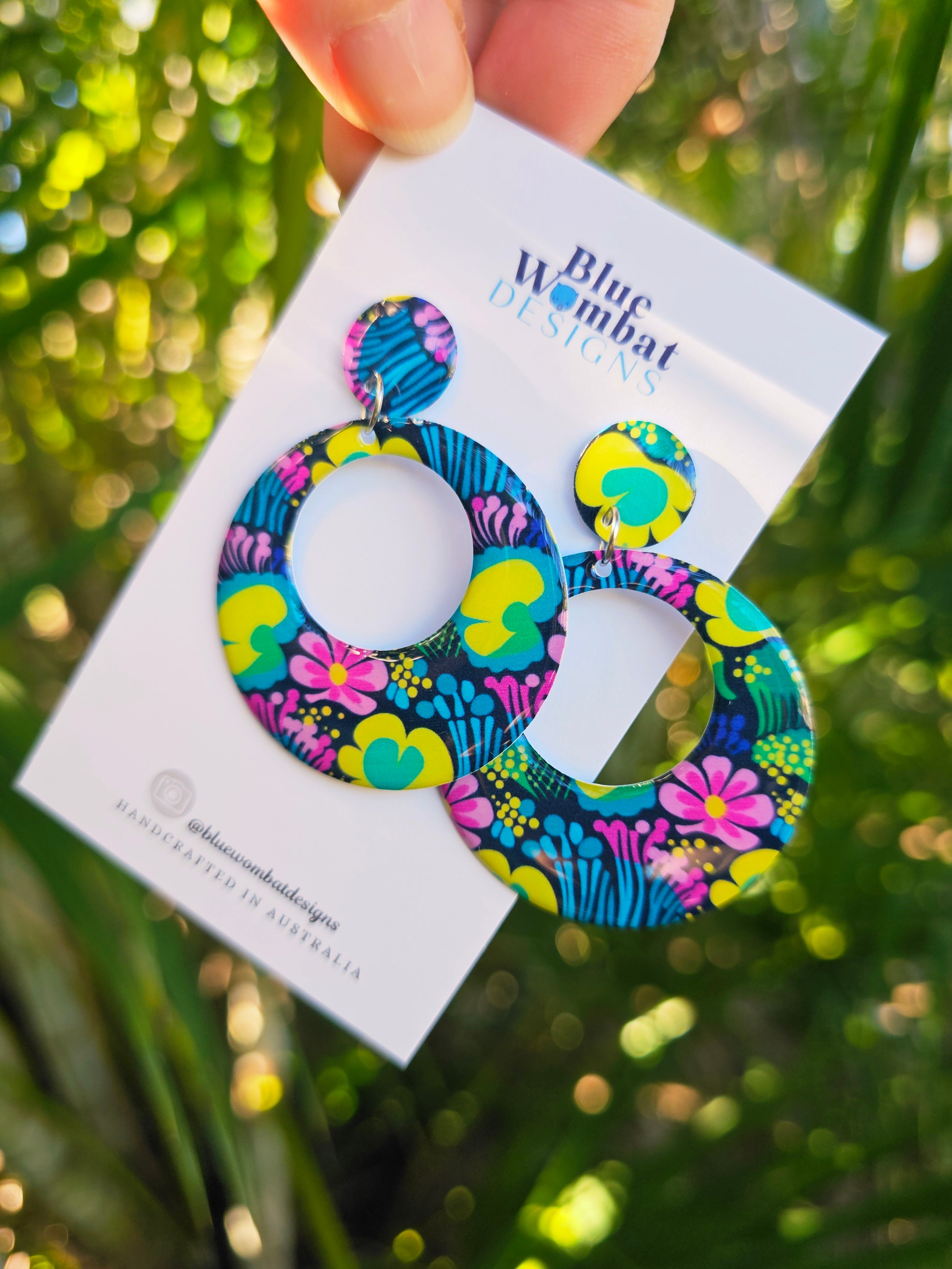 Round Floral Yupo Paper Resin Dangle Earrings