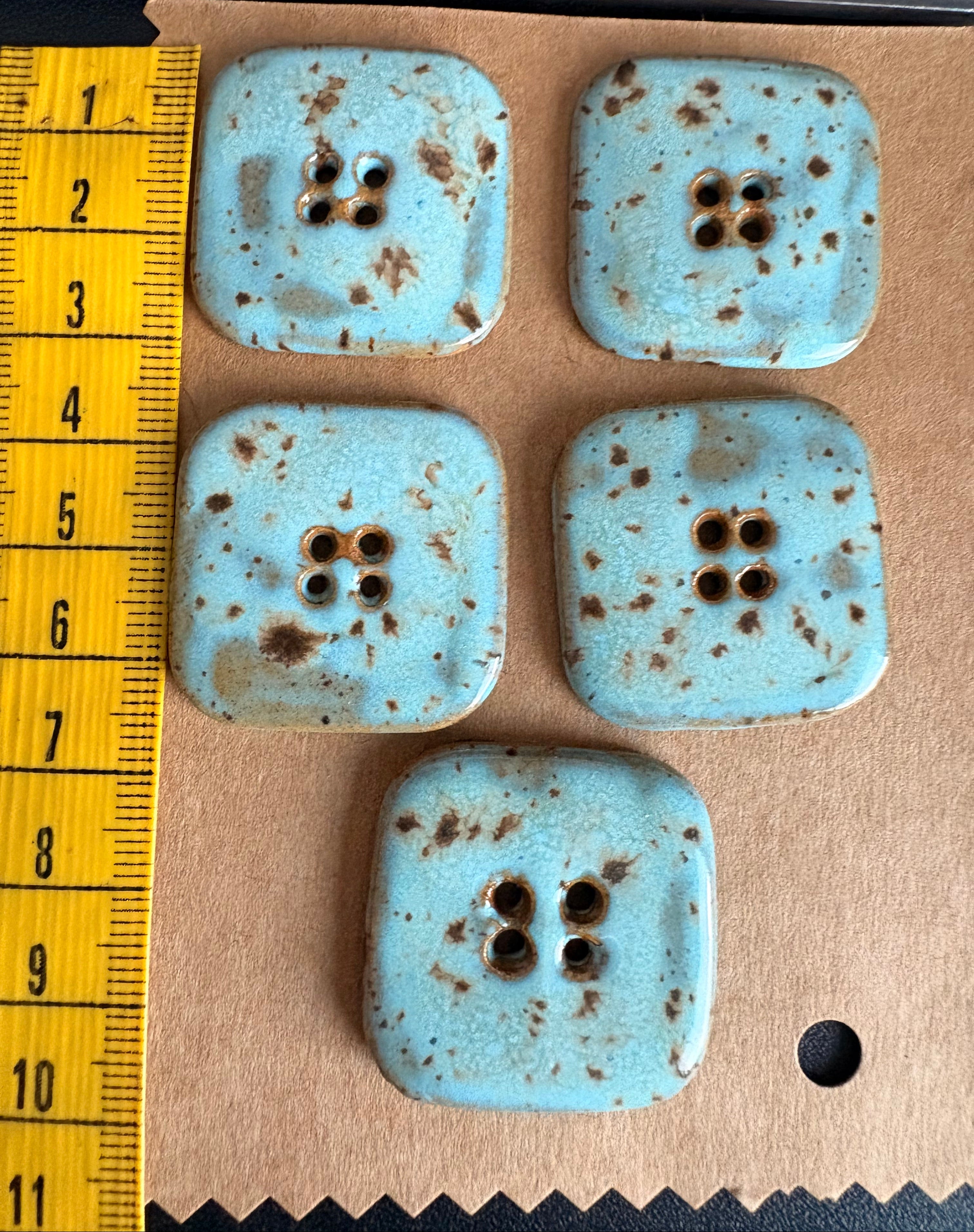 Ceramic Buttons Square Speckled Blue 30mm | Set of 5 | Artisan Made