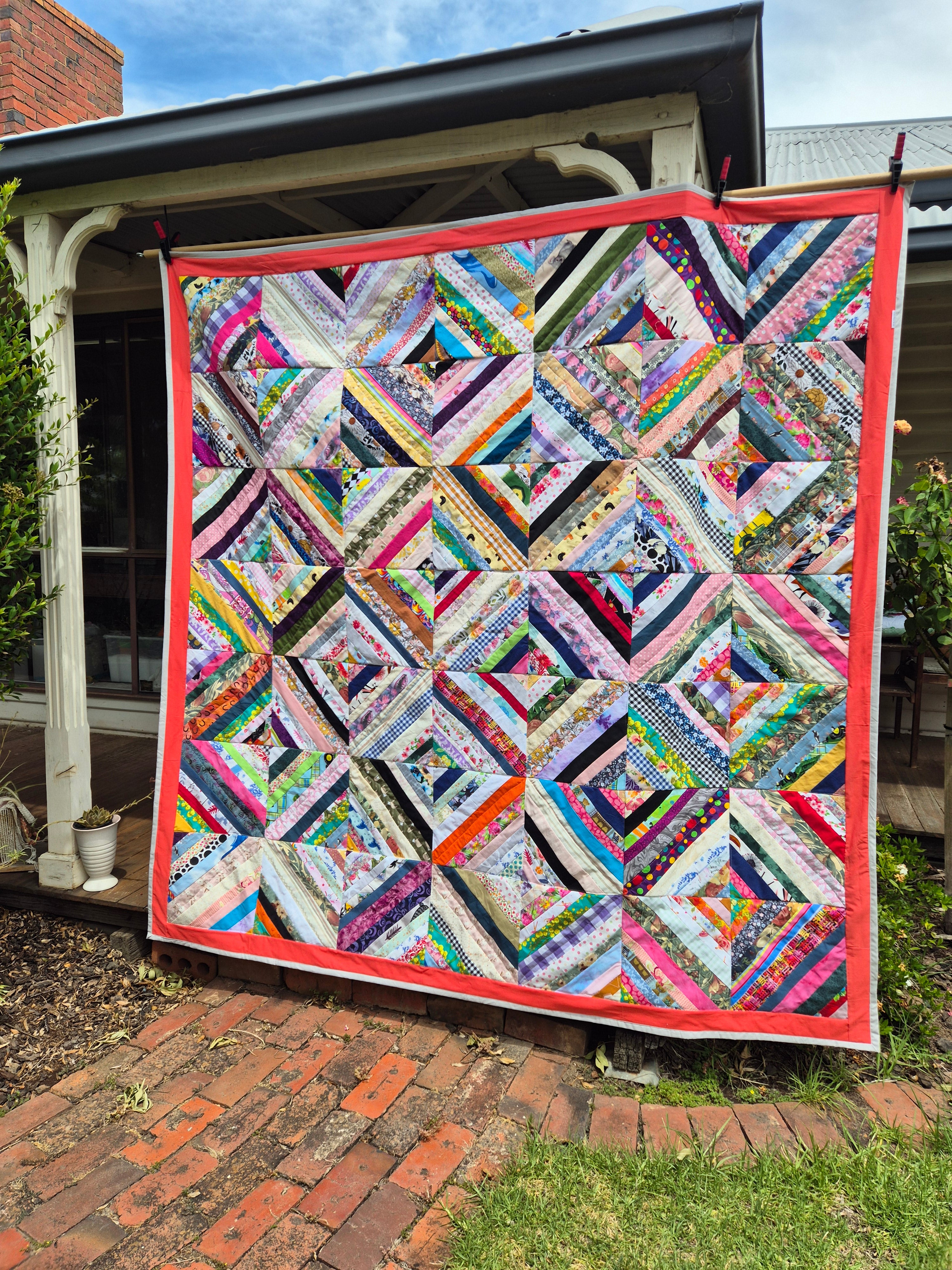 String quilt in a geometric design, queen sized Boho