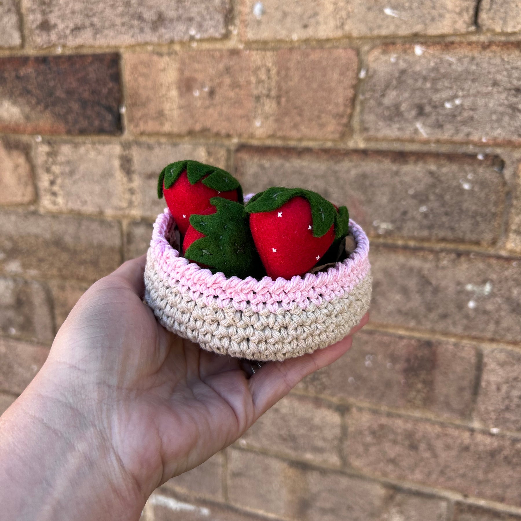 Strawberries in crochet basket, felt play food, toddler gift value pack