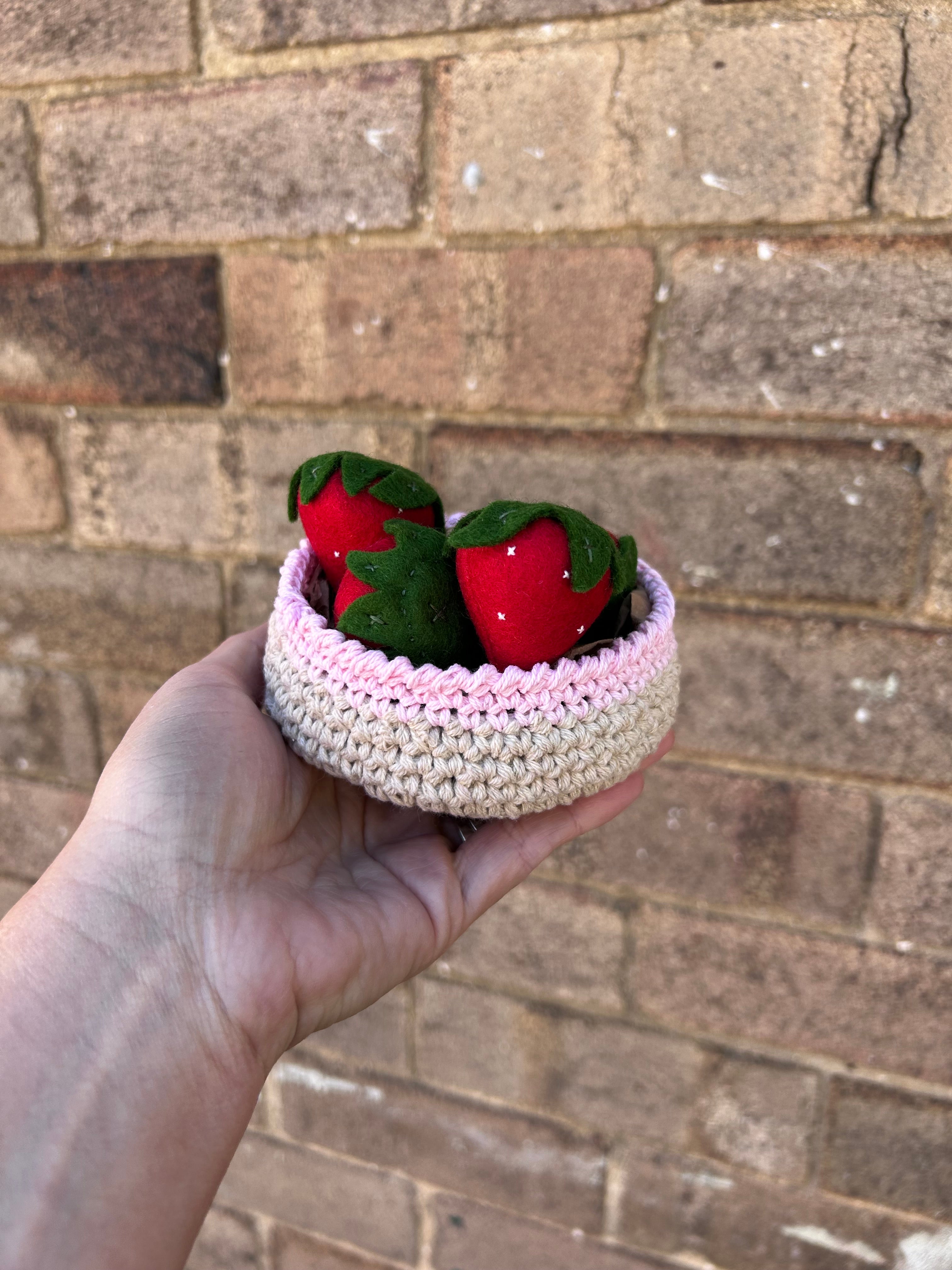 Strawberries in crochet basket, felt play food, toddler gift value pack