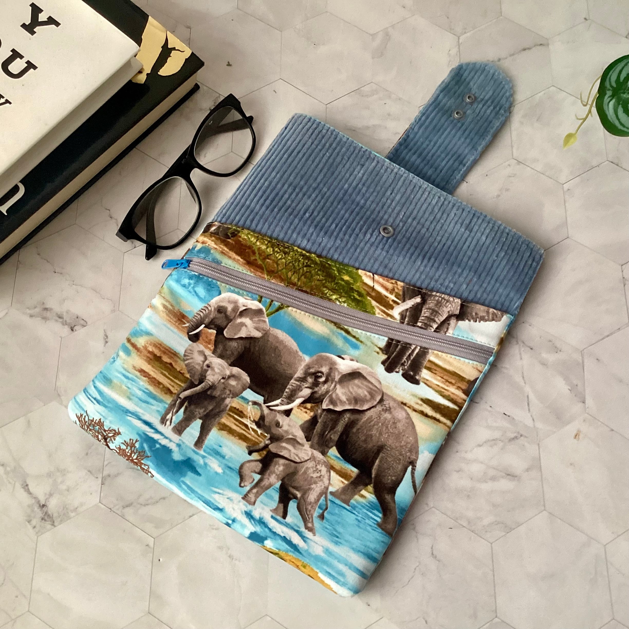 Elephants fabric book sleeve with 2 pockets. iPad, tablet pouch