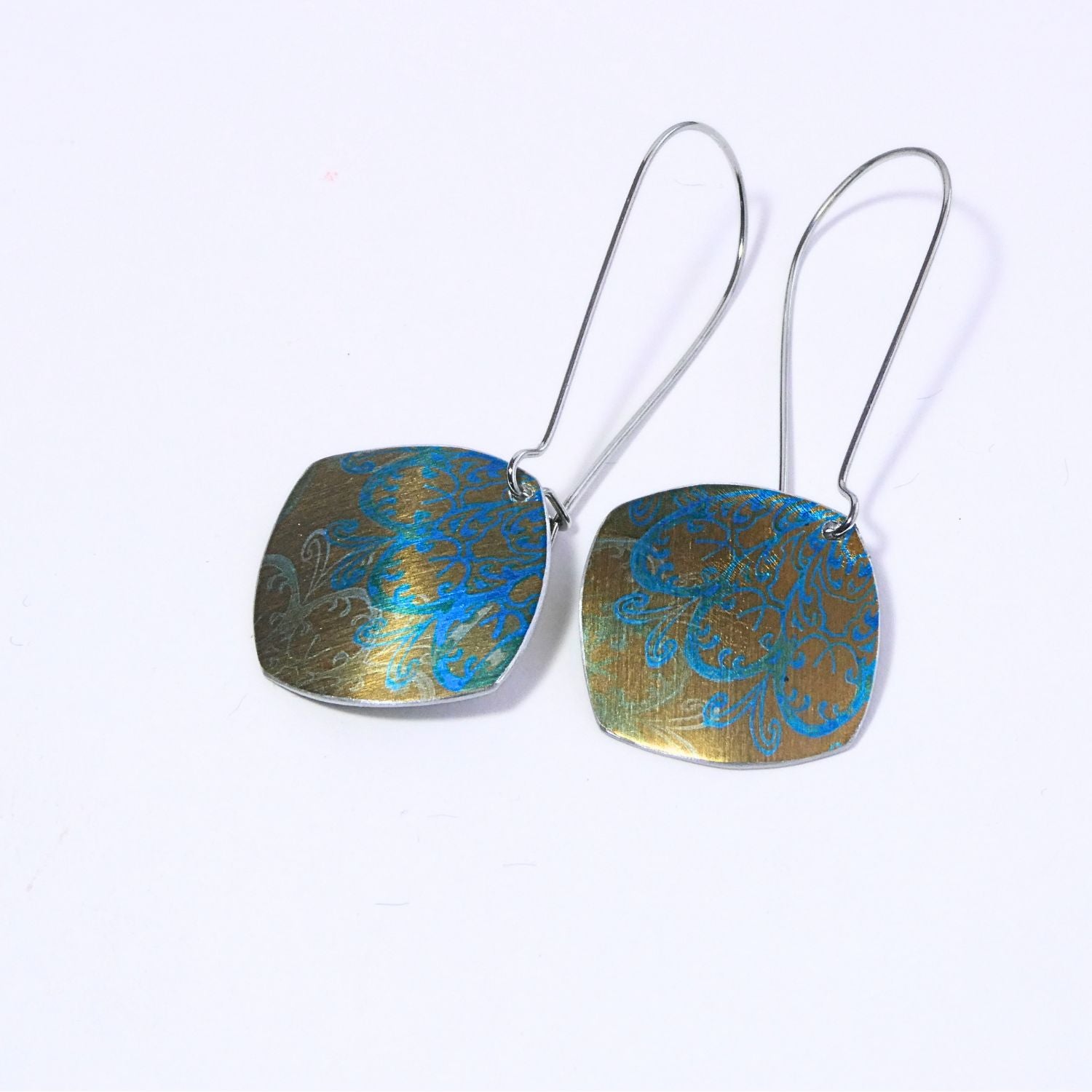 Hand printed anodised aluminium earrings - Persian Blue Collection