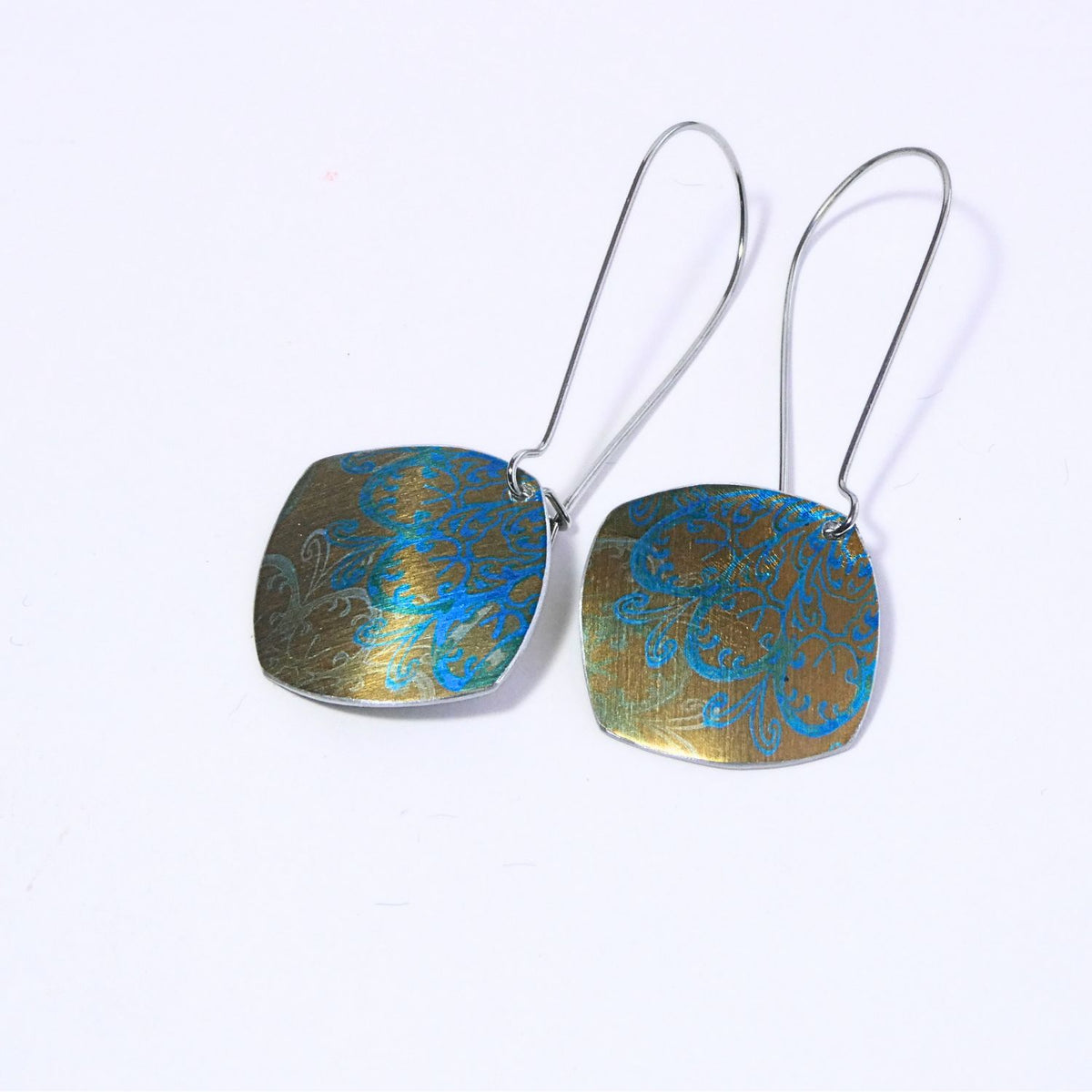Hand printed anodised aluminium earrings - Persian Blue Collection