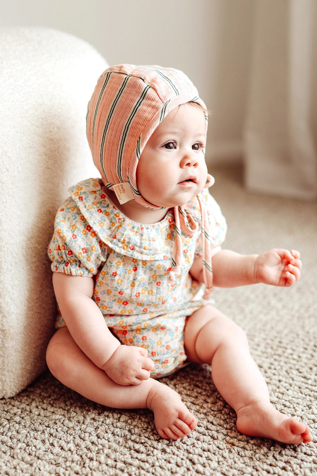Baby Pink Cotton Seersucker Bonnet, Baby Girl Cotton Pink Bonnet