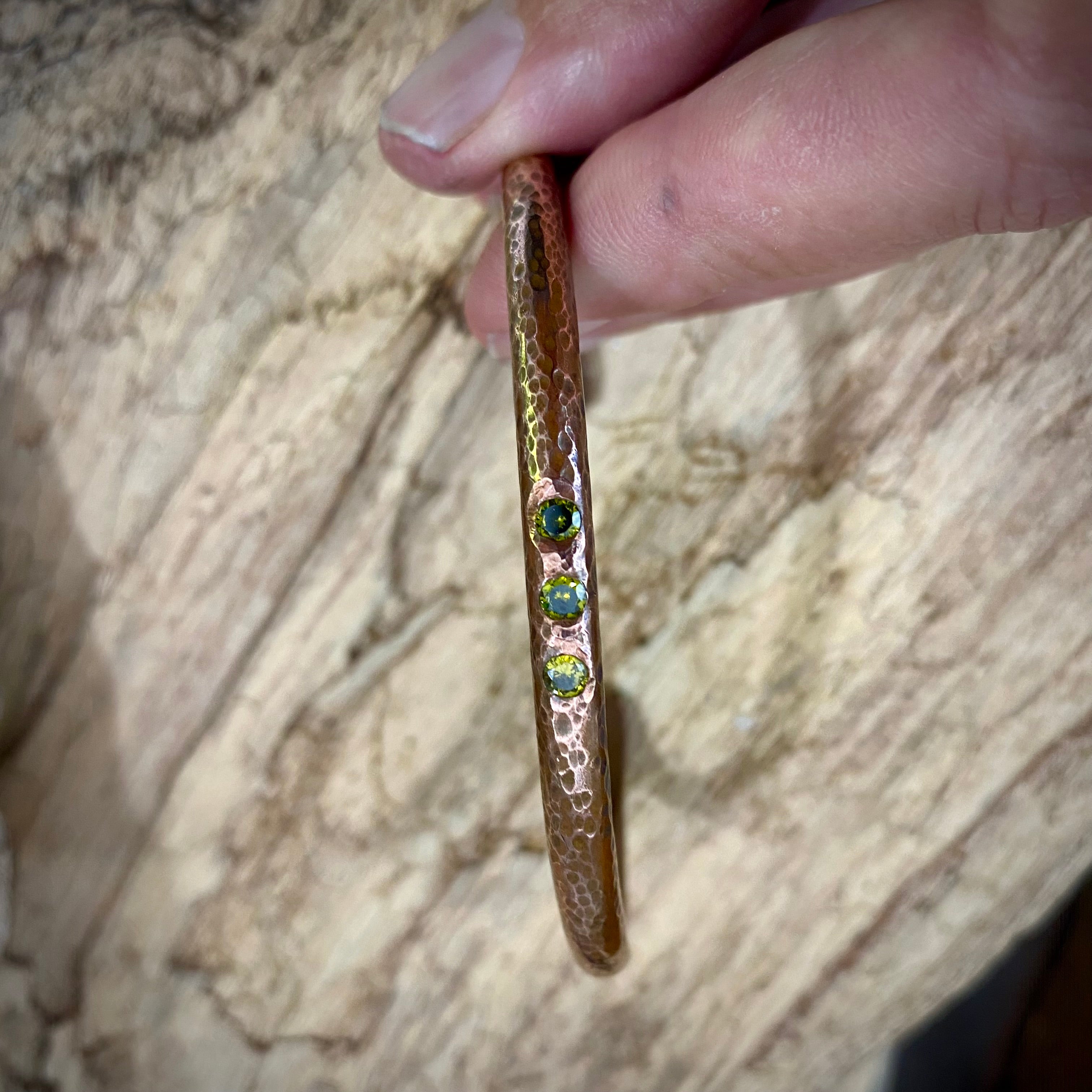 Textured Copper Cuff with Green CZs