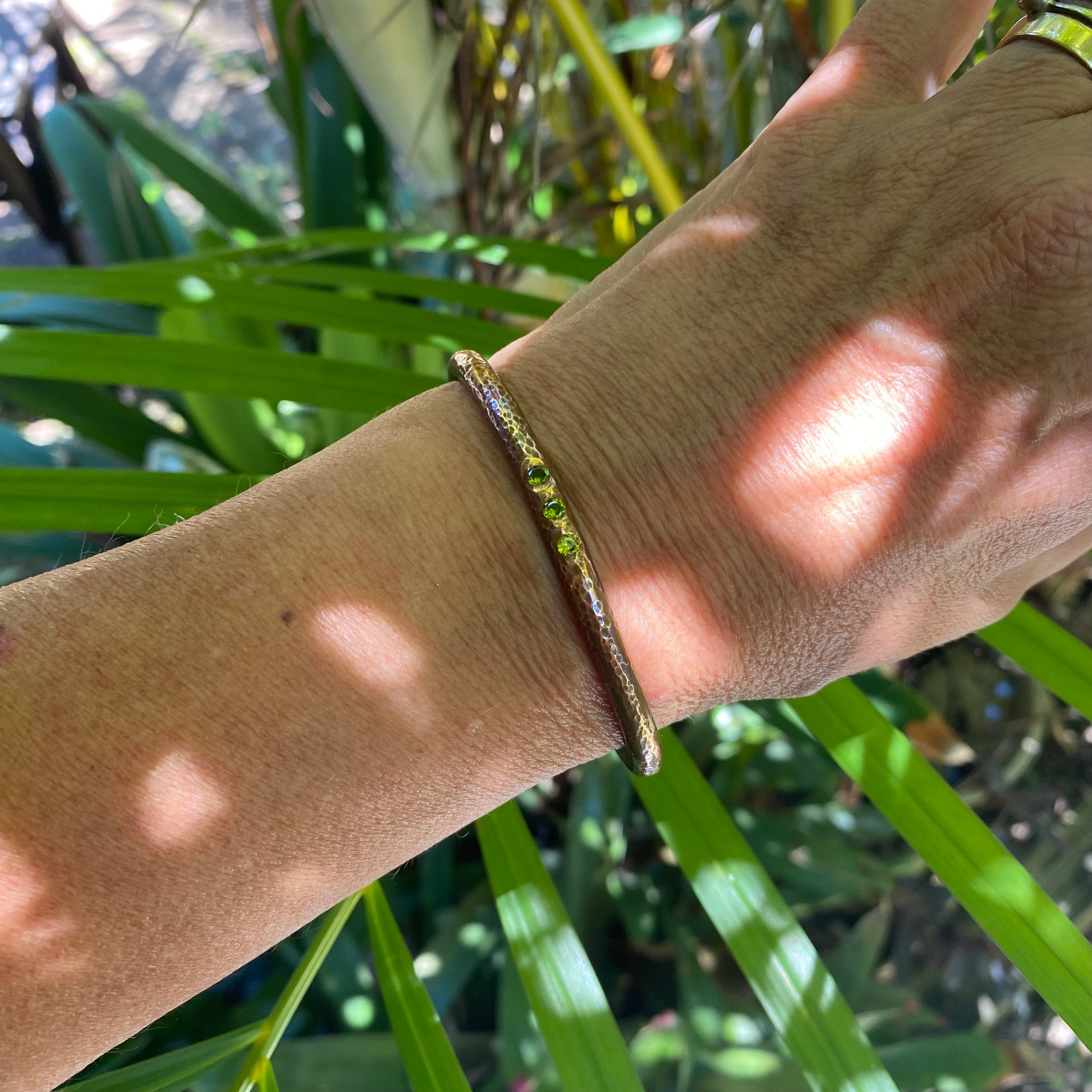 Textured Copper Cuff with Green CZs