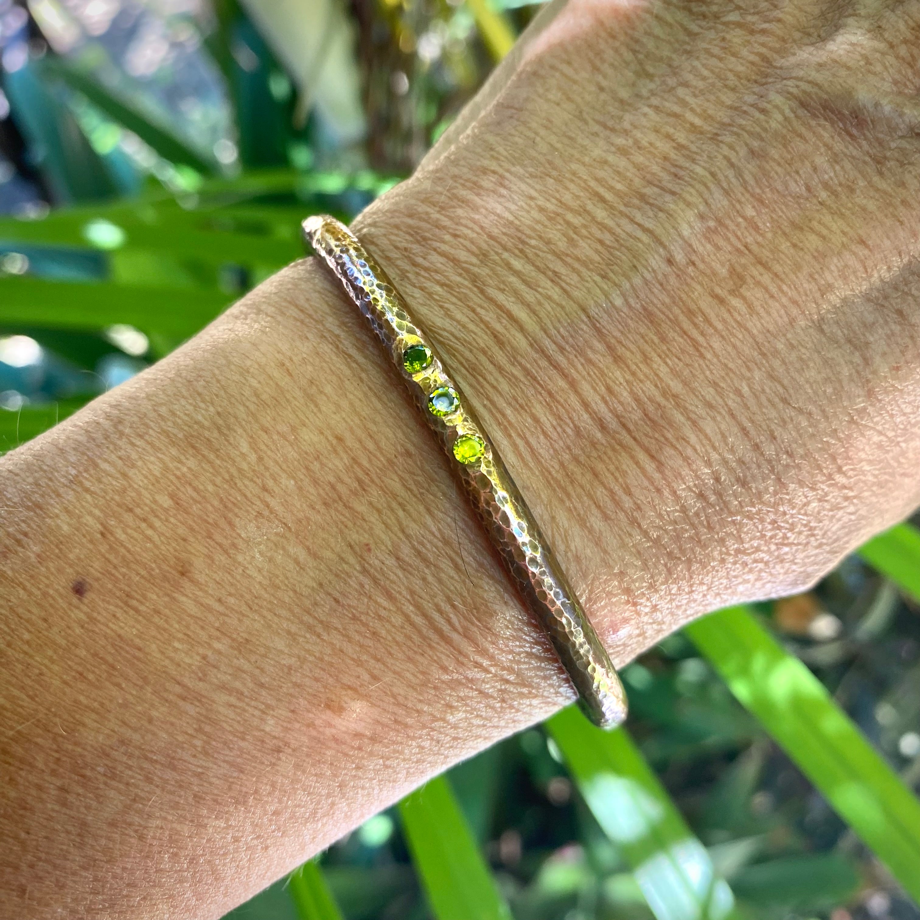 Textured Copper Cuff with Green CZs