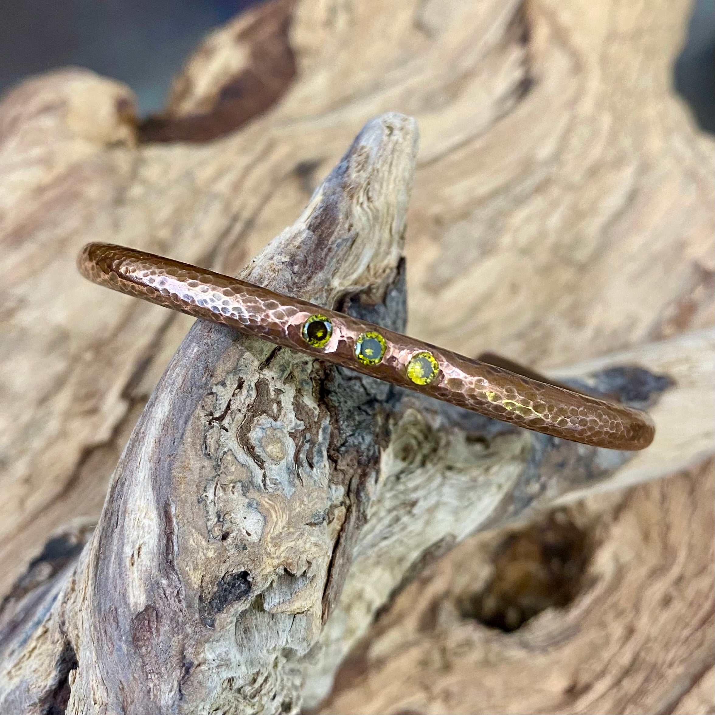 Textured Copper Cuff with Green CZs