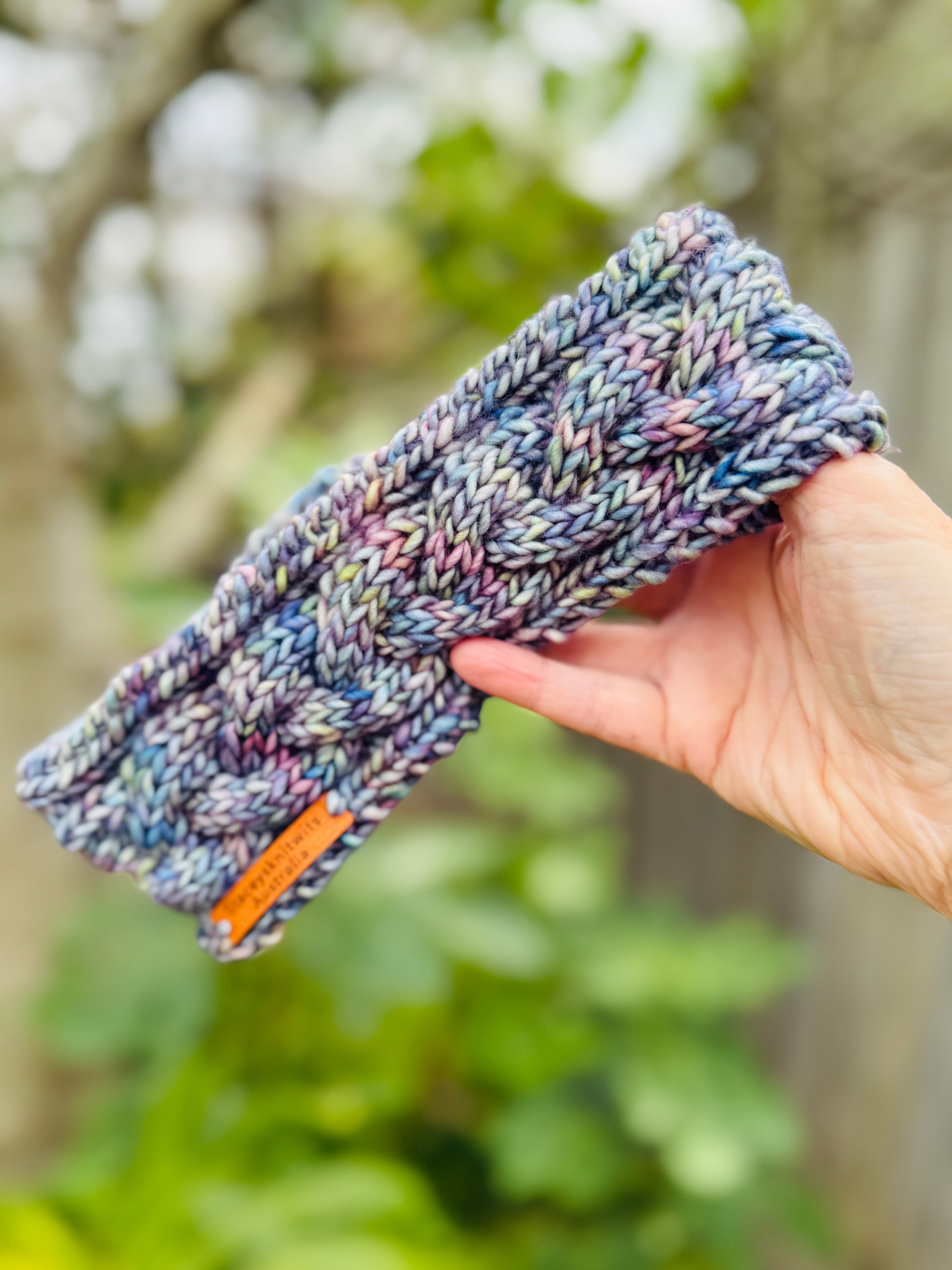 Hand knitted cable headband, Merino soft stretchy colorful headband