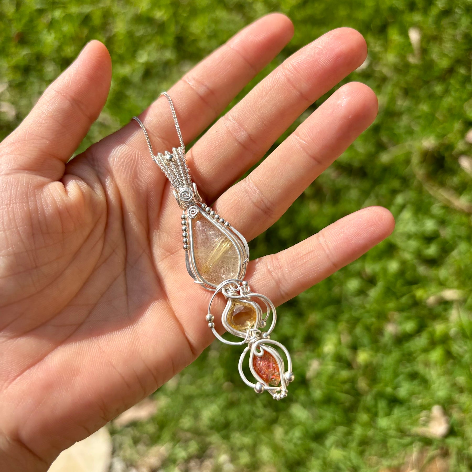 Citrine, Sunstone, Rutilated Quartz Crystal Pendant wire wrap