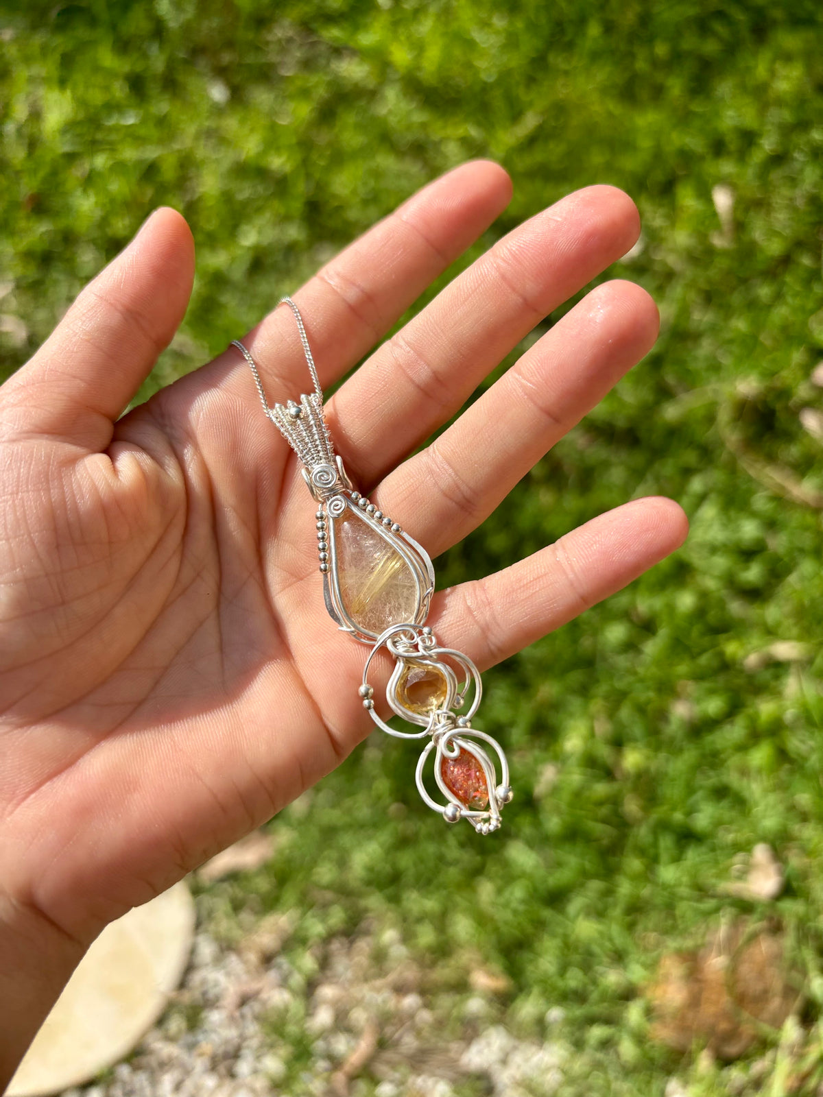 Citrine, Sunstone, Rutilated Quartz Crystal Pendant wire wrap