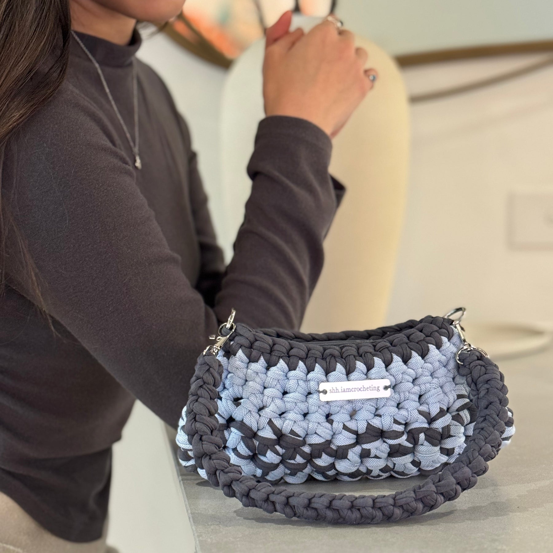 Mini Shoulder Bag | Handmade Crochet Accessary | Sky x Charcoal Cotton & Recycled T-shirt Yarn