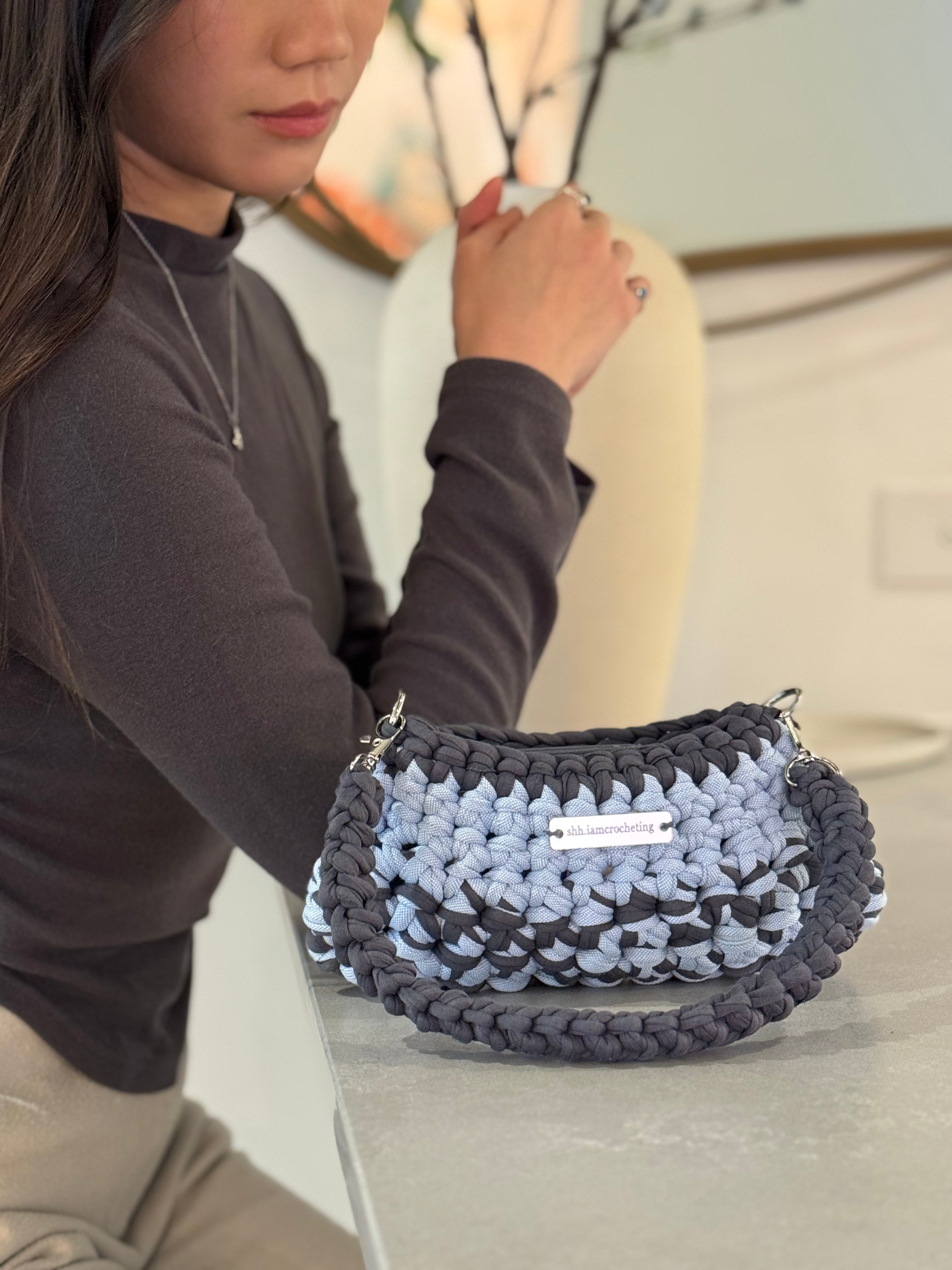 Mini Shoulder Bag | Handmade Crochet Accessary | Sky x Charcoal Cotton & Recycled T-shirt Yarn