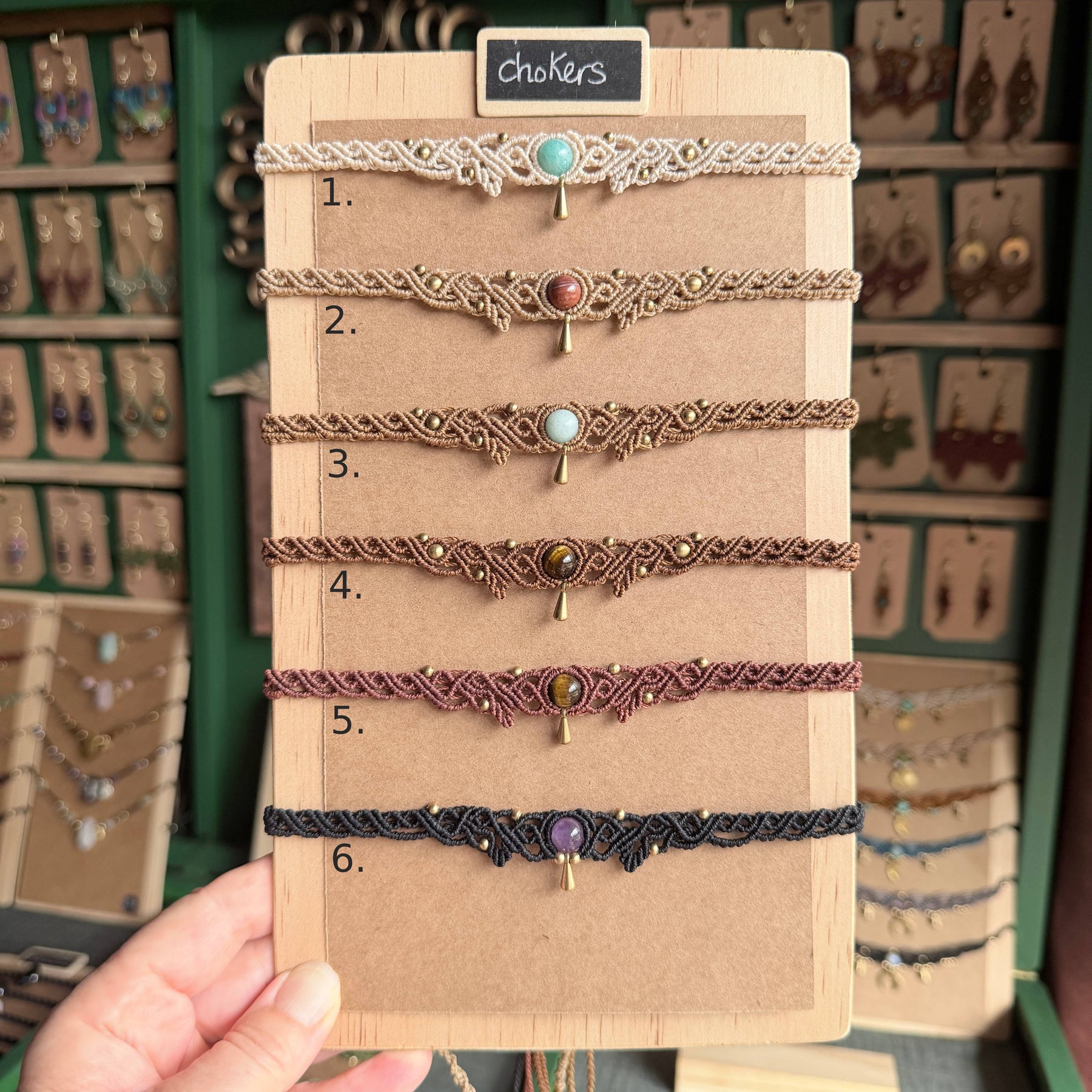 Macrame Filigree Choker with focal gemstone and solid brass drop.