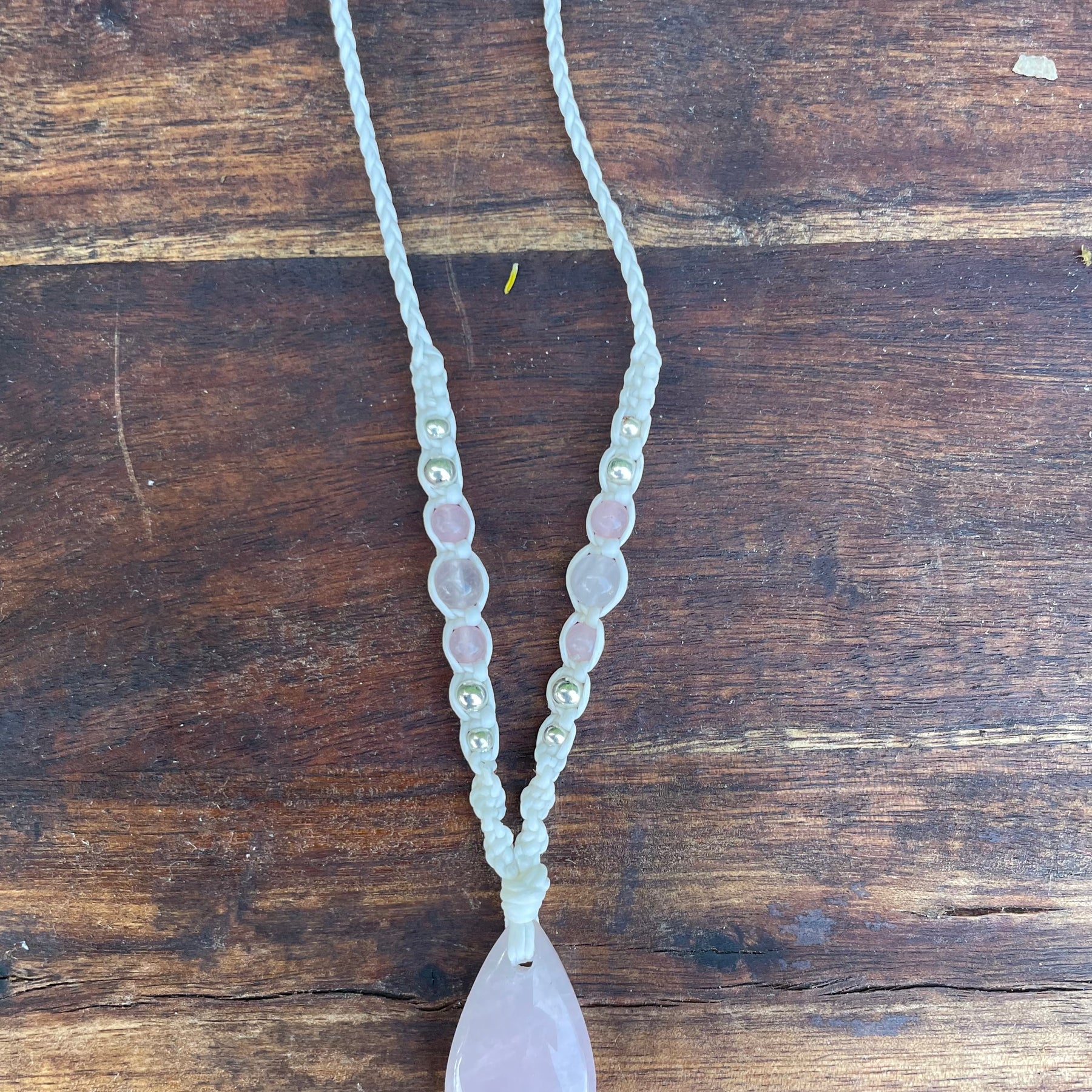 Rose Quartz Pendant, Tear drop, macrame Necklace, adjustable