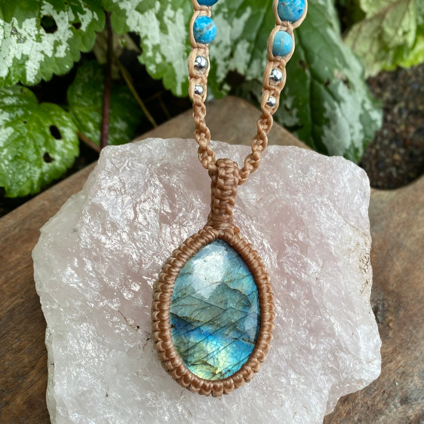 Labradorite Pendant Necklace: Beaded Macrame, Adjustable Boho Gift