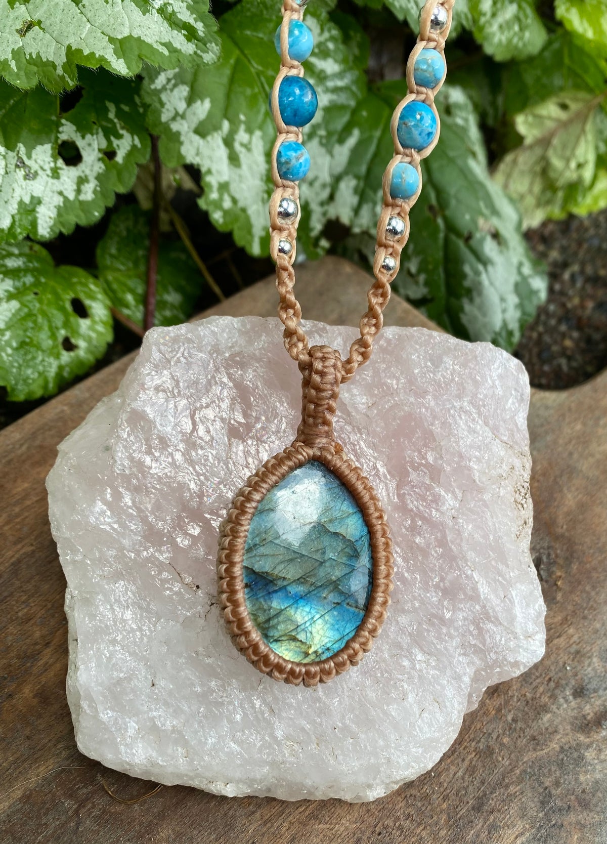 Labradorite Pendant Necklace: Beaded Macrame, Adjustable Boho Gift