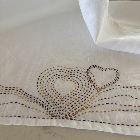 Hand stitched pure linen tea towel - hearts for your home