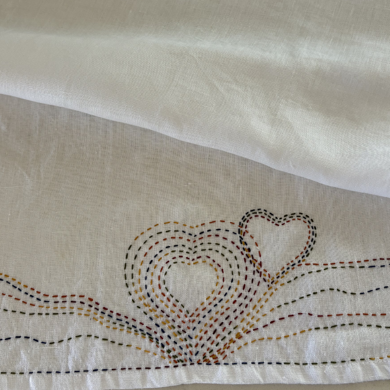 Hand stitched pure linen tea towel - hearts for your home