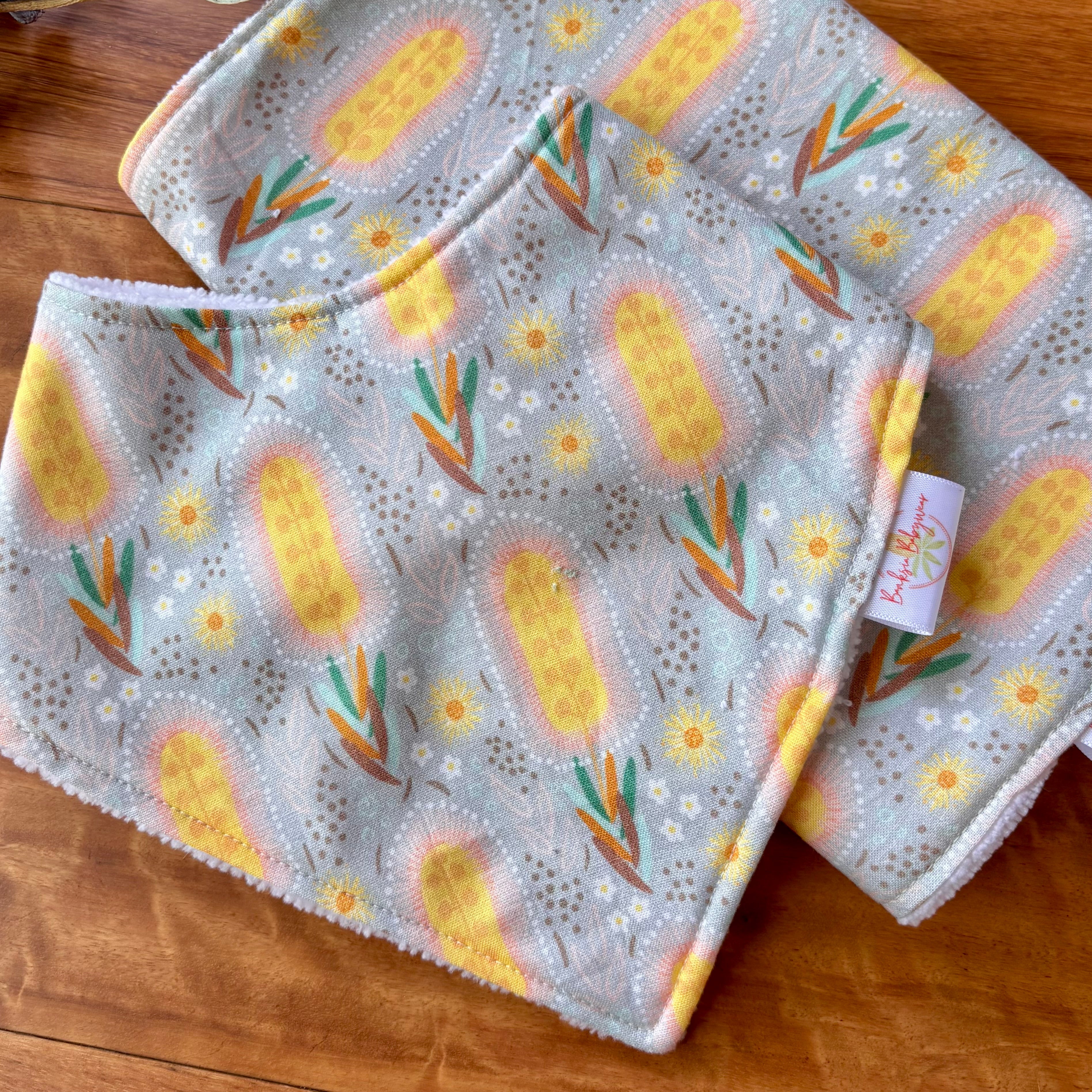 Baby Bib and Burp Cloth Set | Banksias | Ready to ship