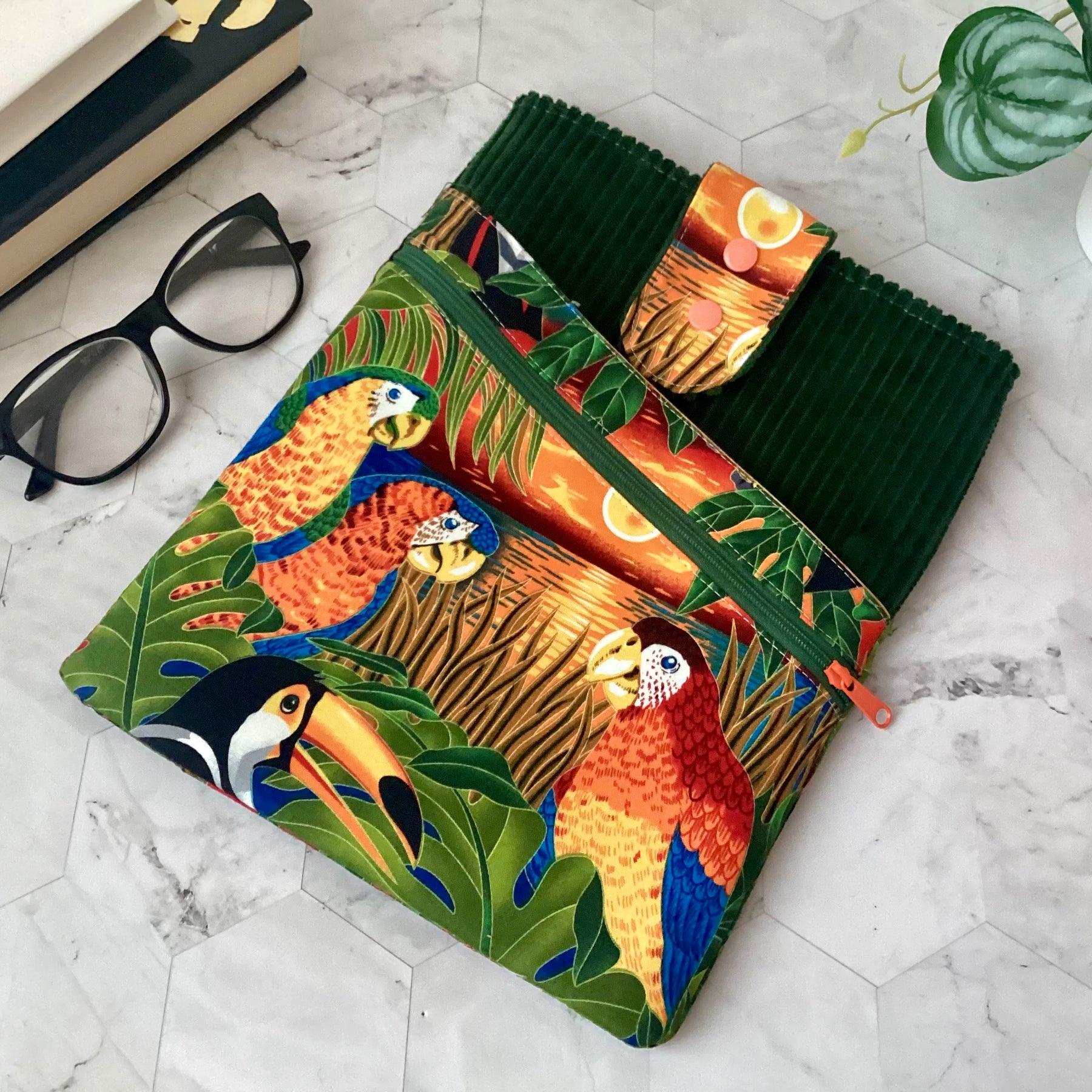 Parrots and Toucan fabric book sleeve with 2 pockets. iPad, tablet pouch