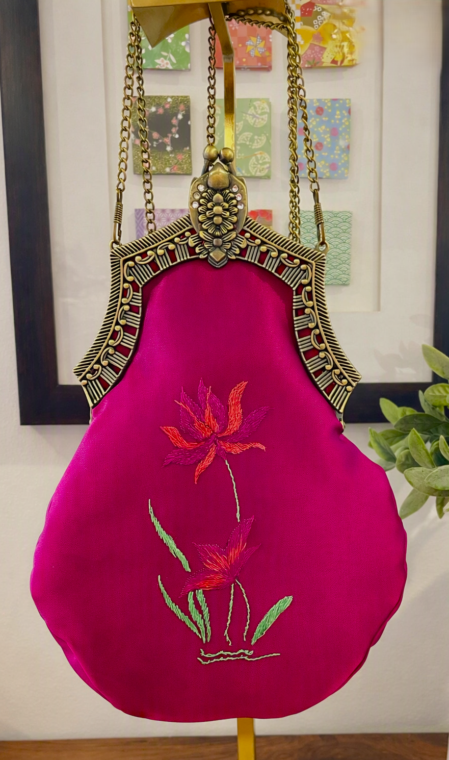 Reclaimed Plum Satin Handbag with Brass Clasp and Embroidery