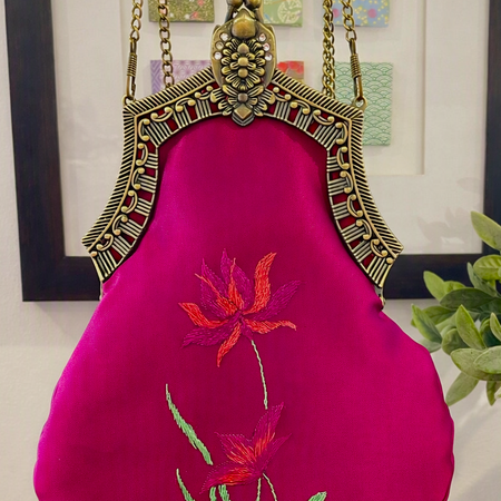 Reclaimed Plum Satin Handbag with Brass Clasp and Embroidery
