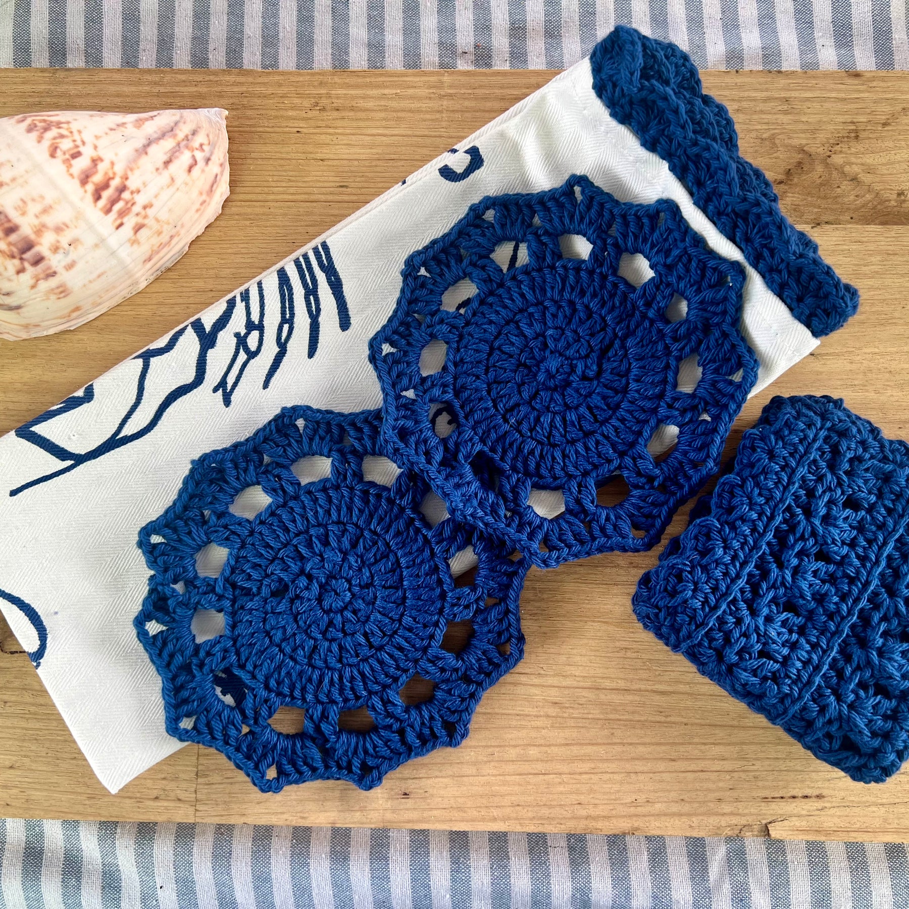 Coastal Kitchen Gift Set, Handmade Crochet Tea Towel & Coasters