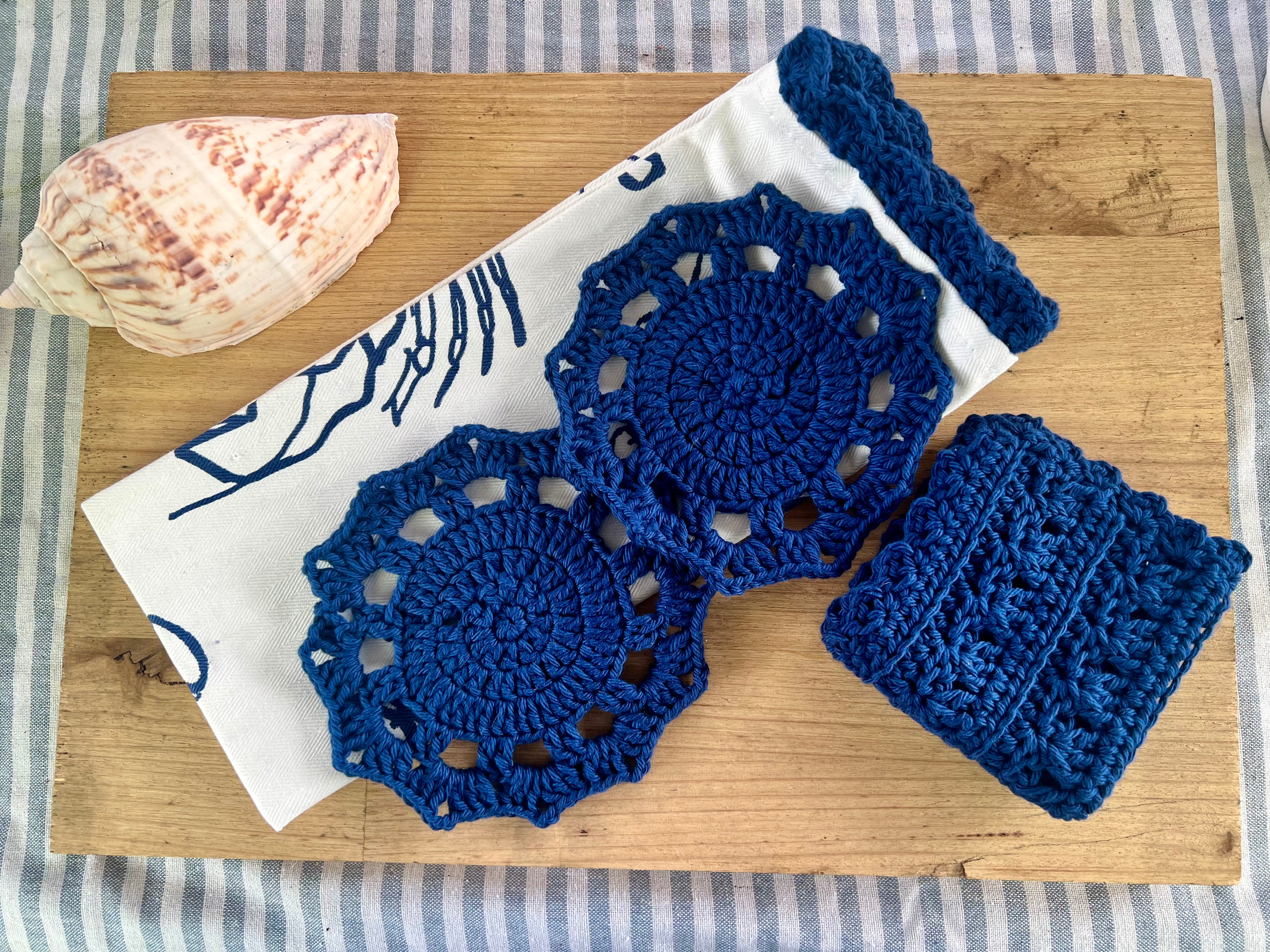 Coastal Kitchen Gift Set, Handmade Crochet Tea Towel & Coasters