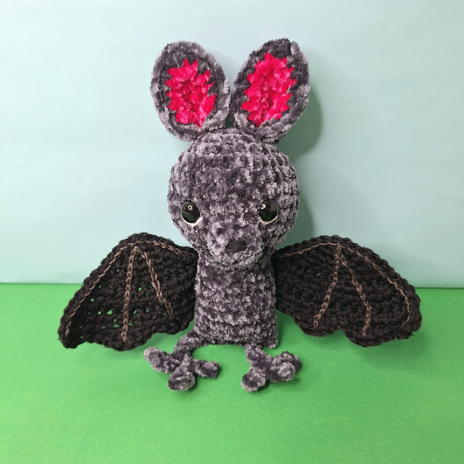 Soft, grey velvet crocheted fruit bat