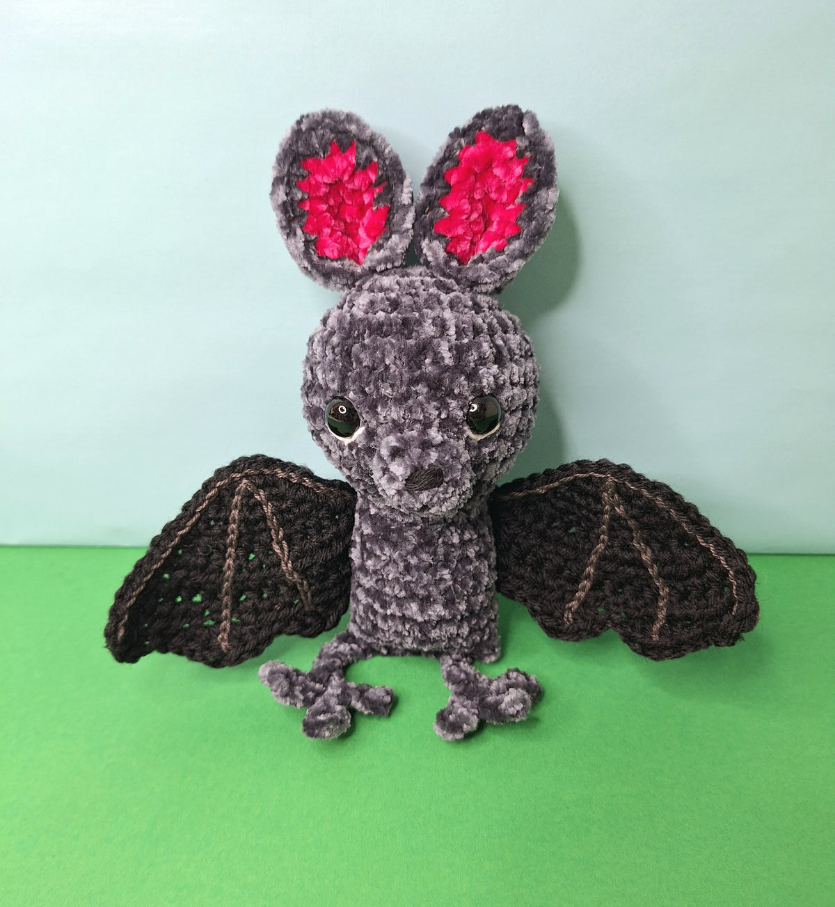 Soft, grey velvet crocheted fruit bat