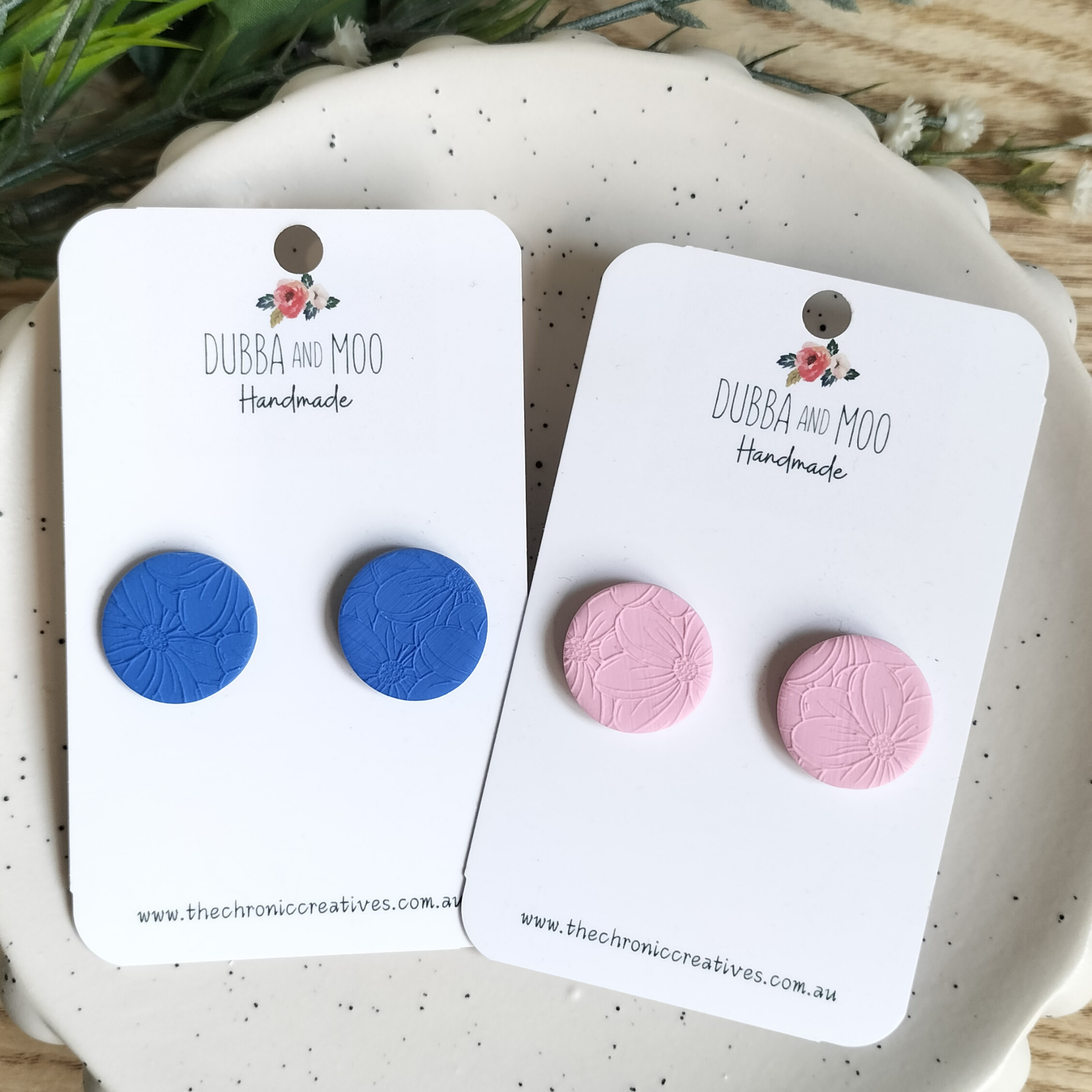 Floral Embossed Polymer Clay Stud Earrings - 19mm (Large) in 20 Colour Options
